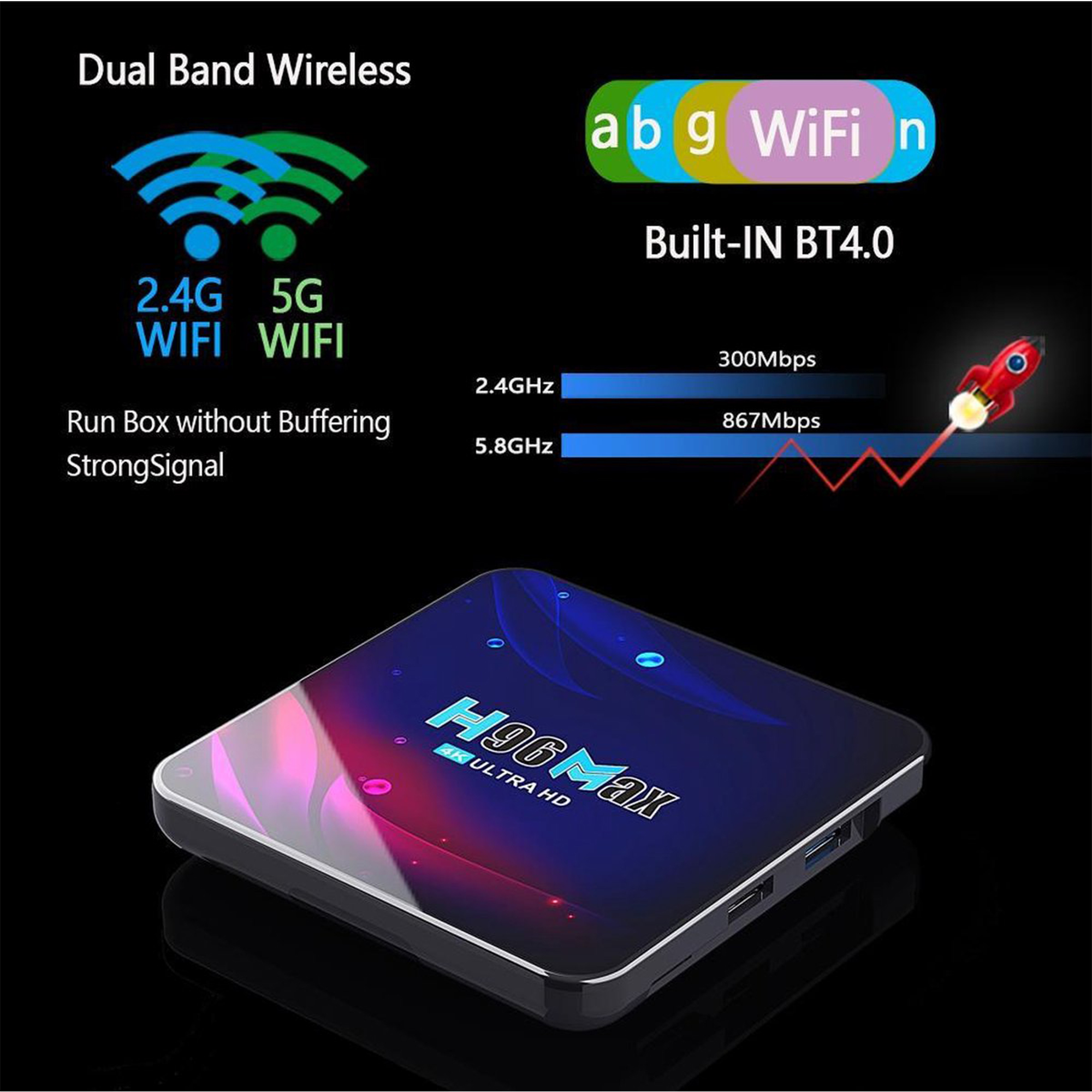 Czarny dekoder z logo Wi-Fi dwuzakresowego i grafiką rakiety.