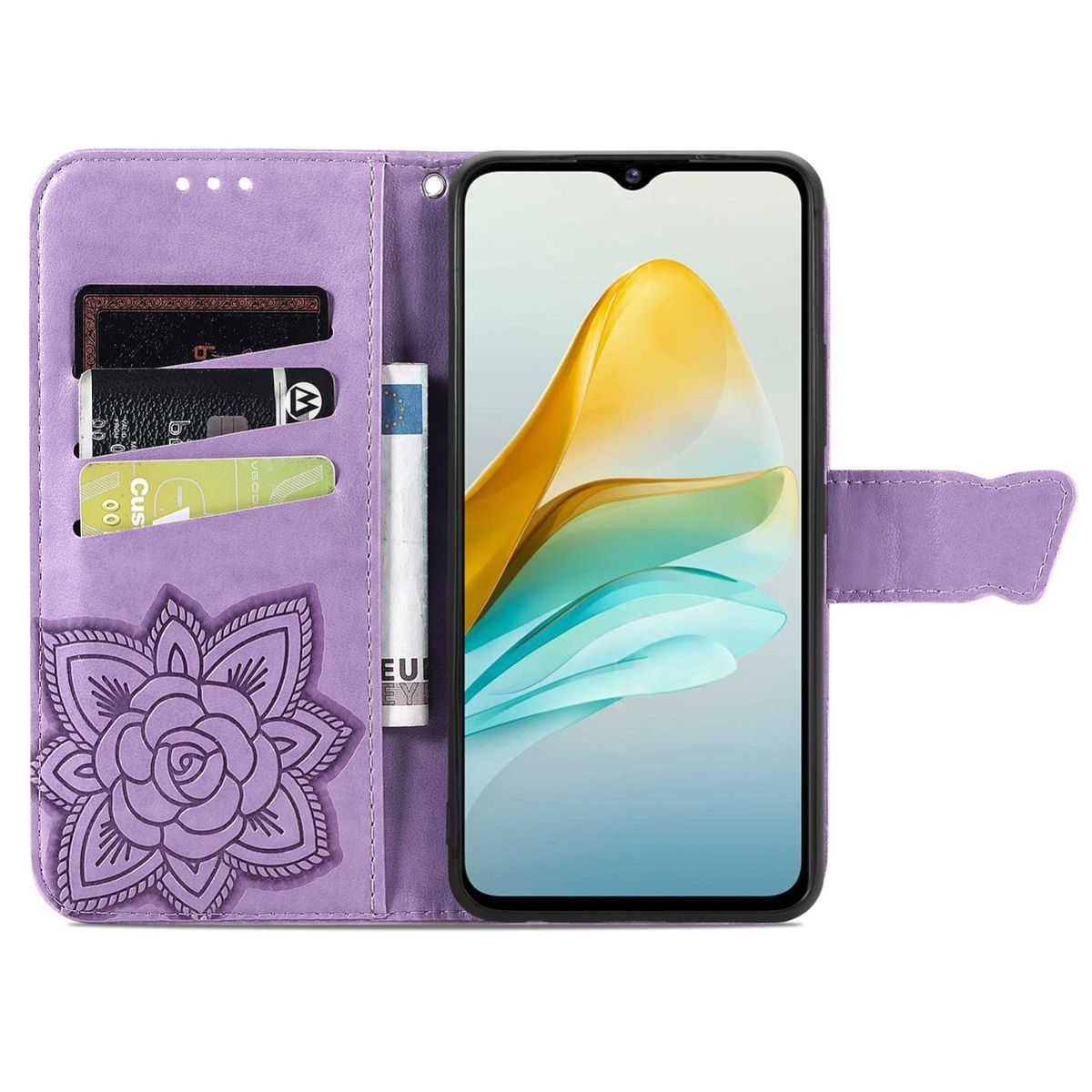 Druck mit Muster S23 Case Etuis FE, Lila Fach, Samsung, Galaxy Motiv WIGENTO Book Bookcover, Kreditkarten &