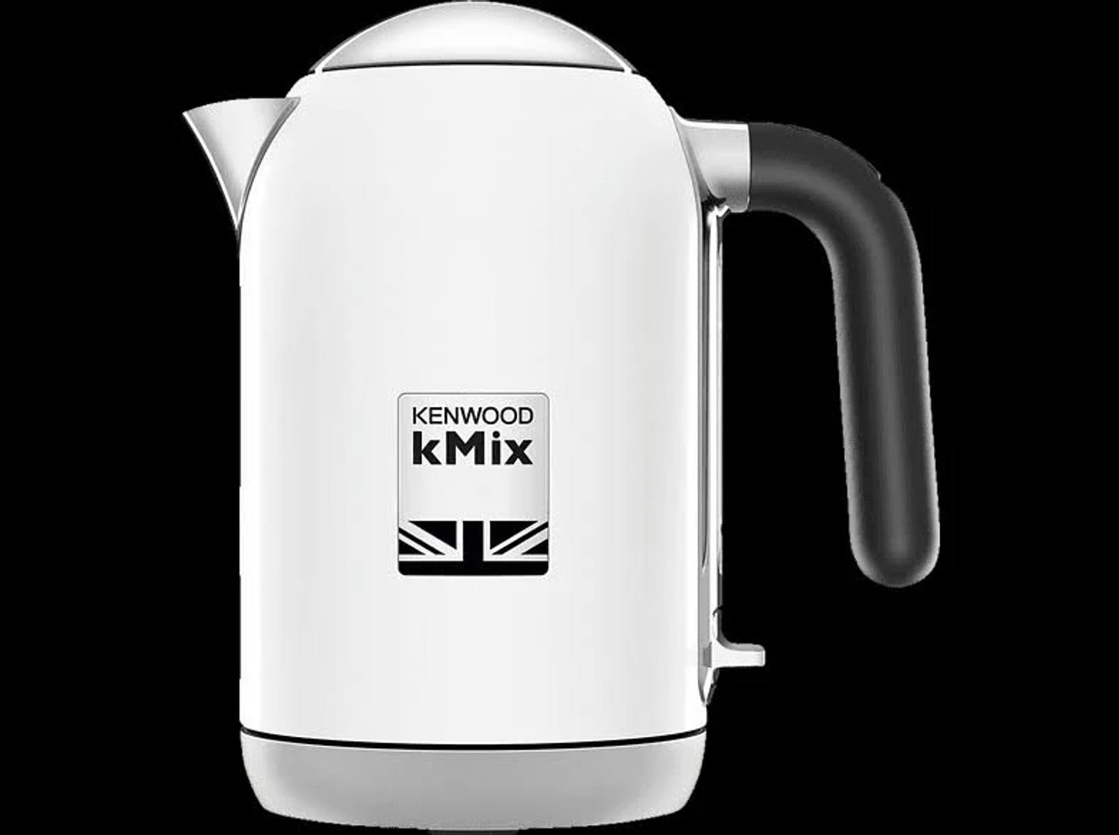 Weißer Wasserkocher mit schwarzem Griff. Kenwood kMix Logo und Union Jack Flagge.
