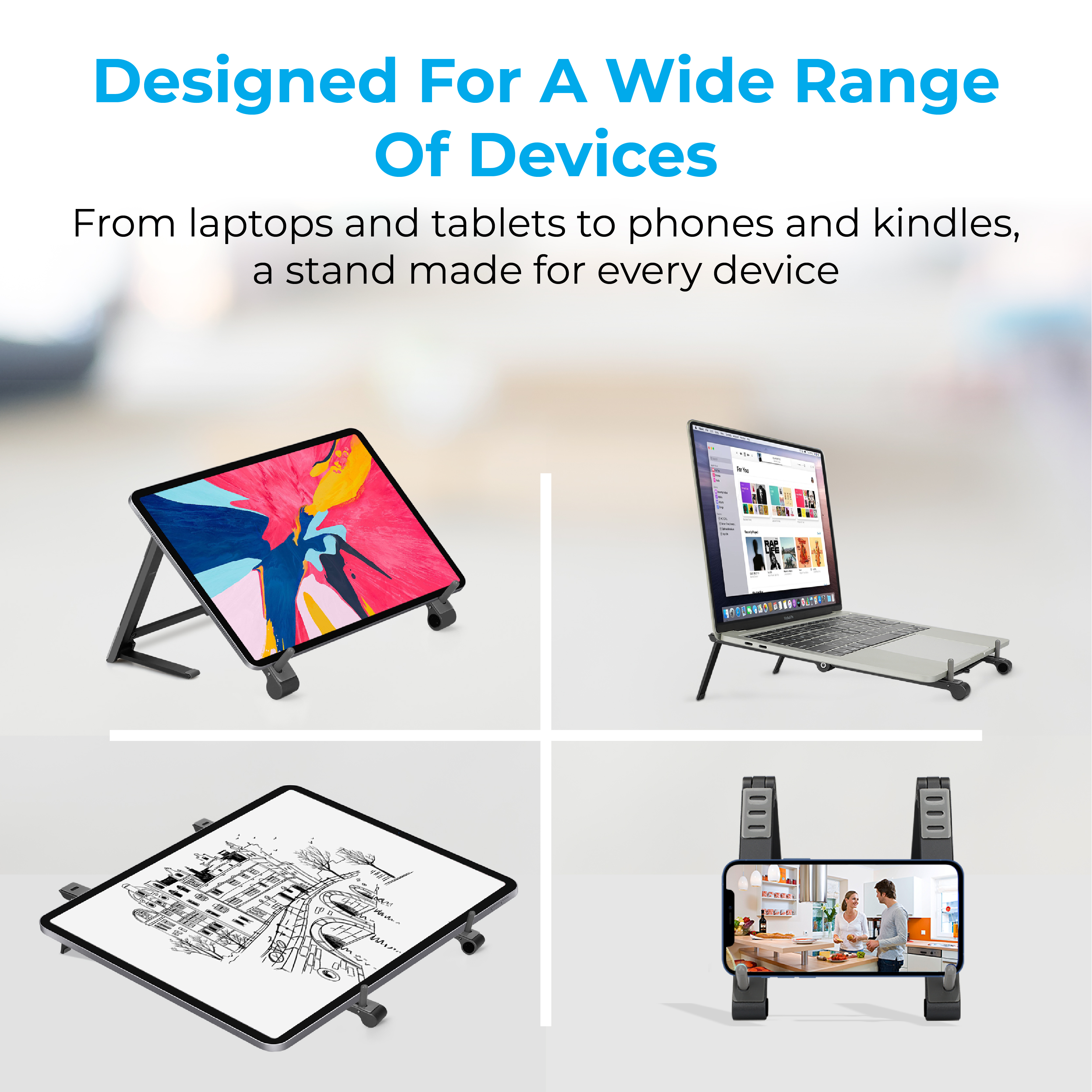 Cuatro imágenes de dispositivos en soportes: tableta, portátil y teléfono. Texto: Diseñado para una amplia gama de dispositivos.