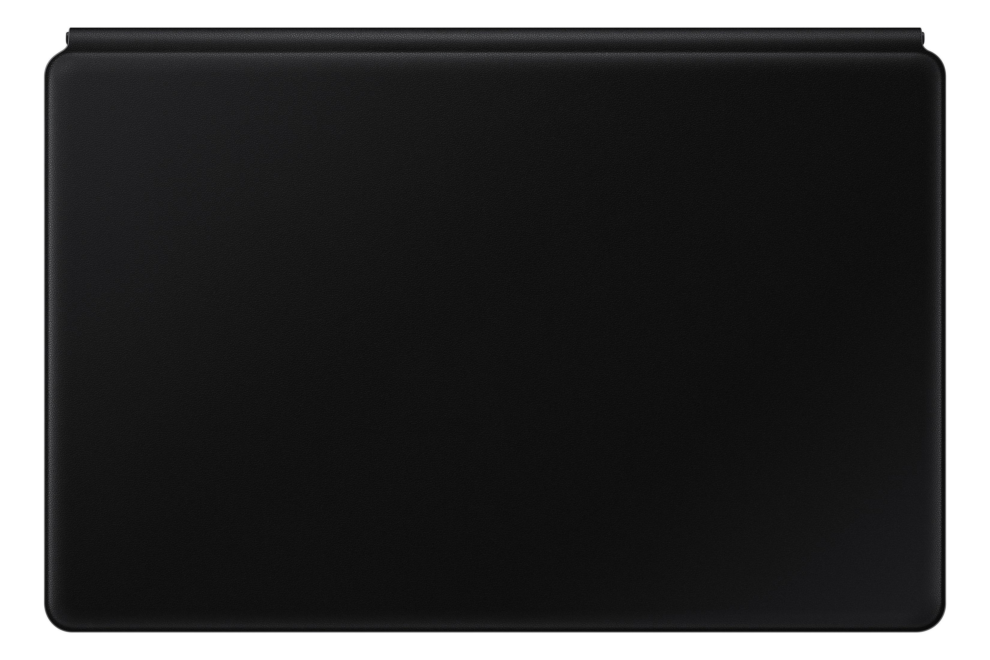 Schwarze Tablet-Leder-Tastatur. Es ist rechteckig und hat abgerundete Ecken. Draufsicht.