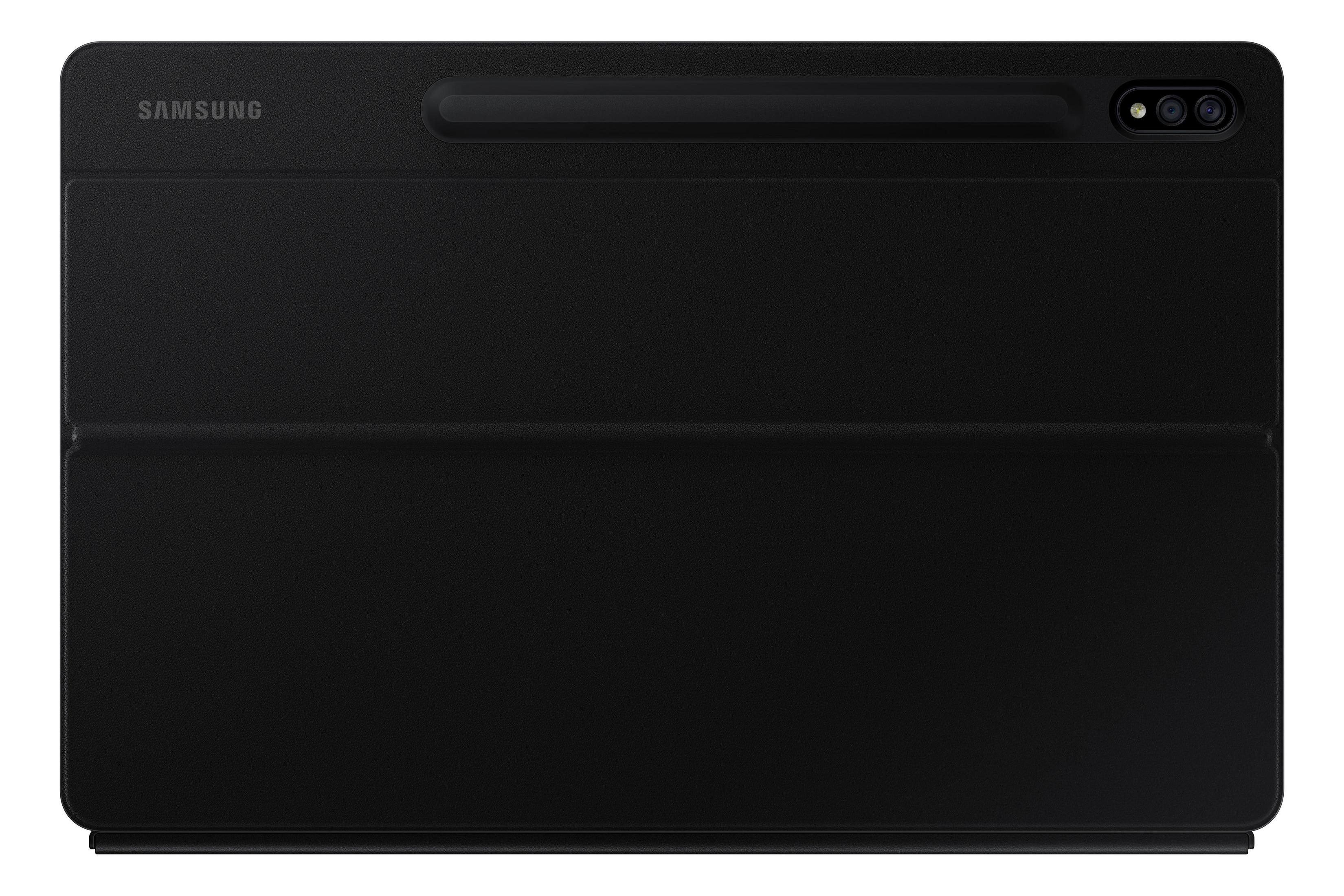 Schwarze Samsung Tablet-Hülle mit Stiftschlitz, Kamera und gefaltetem Design.