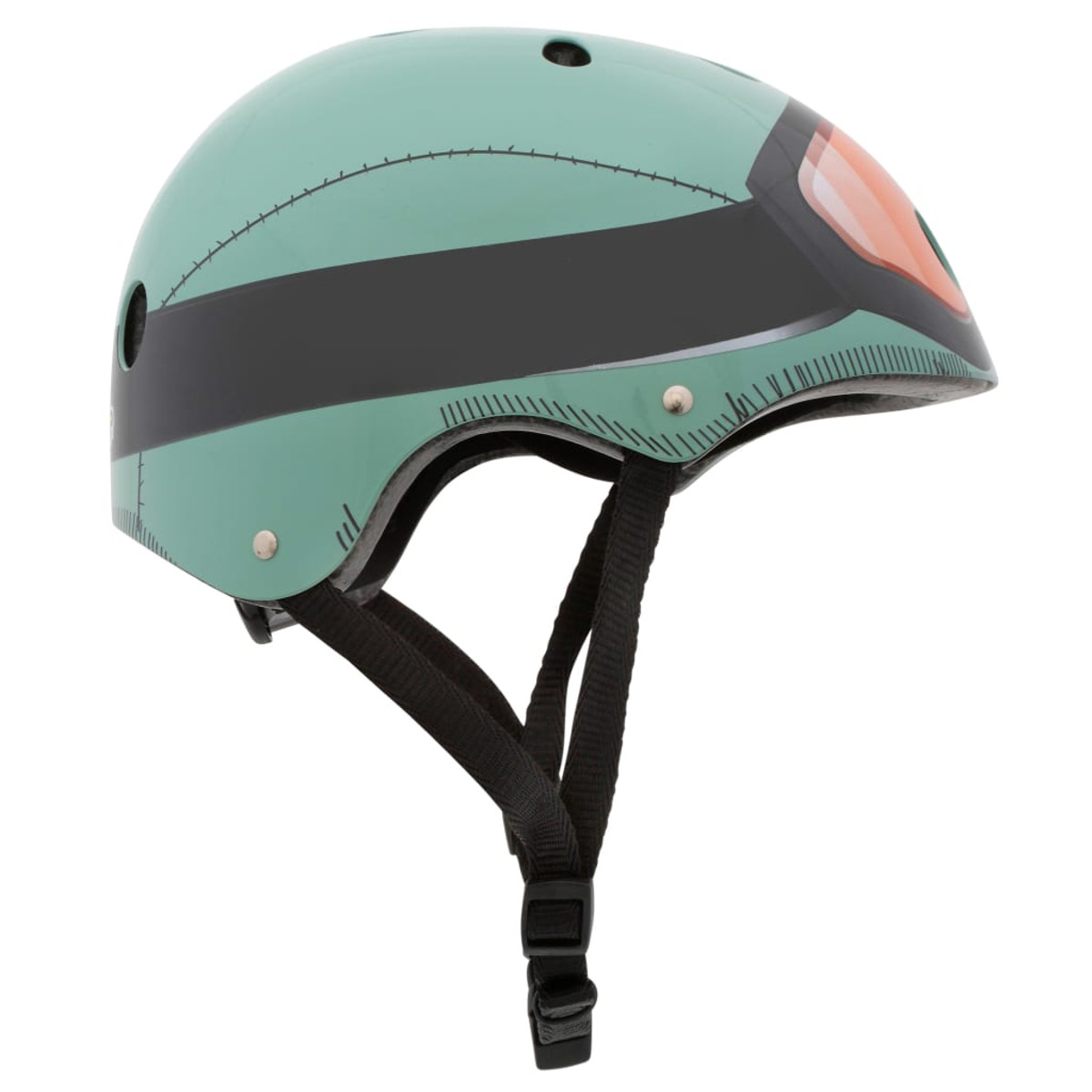 Grüner Helm mit schwarzem Streifen, orangefarbenem Visier und schwarzen Riemen.
