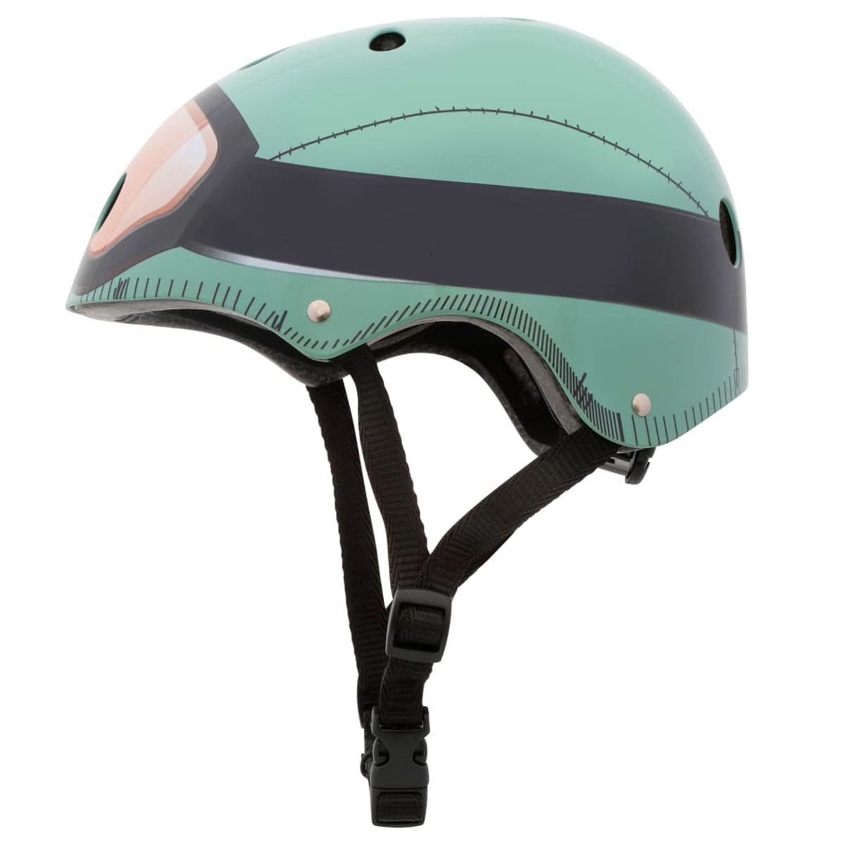 Ein grüner und schwarzer Helm mit schwarzem Riemen und Schnalle.