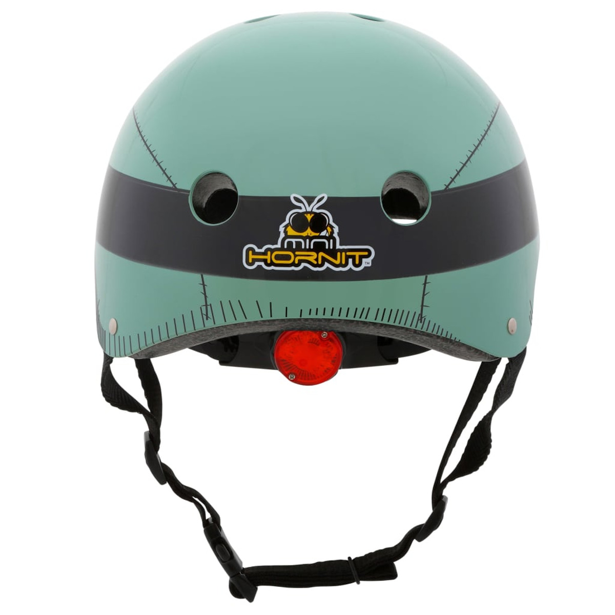 Grüner Helm mit schwarzem Streifen, Logo und rotem Licht hinten.