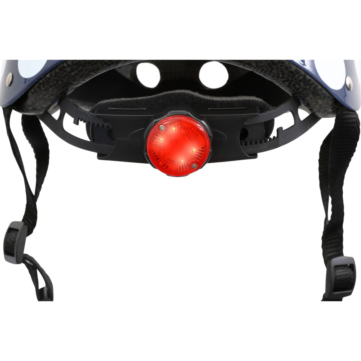 Fahrradhelm mit rotem Licht hinten. Schwarze Riemen und weiße Punkte auf dem Helm.