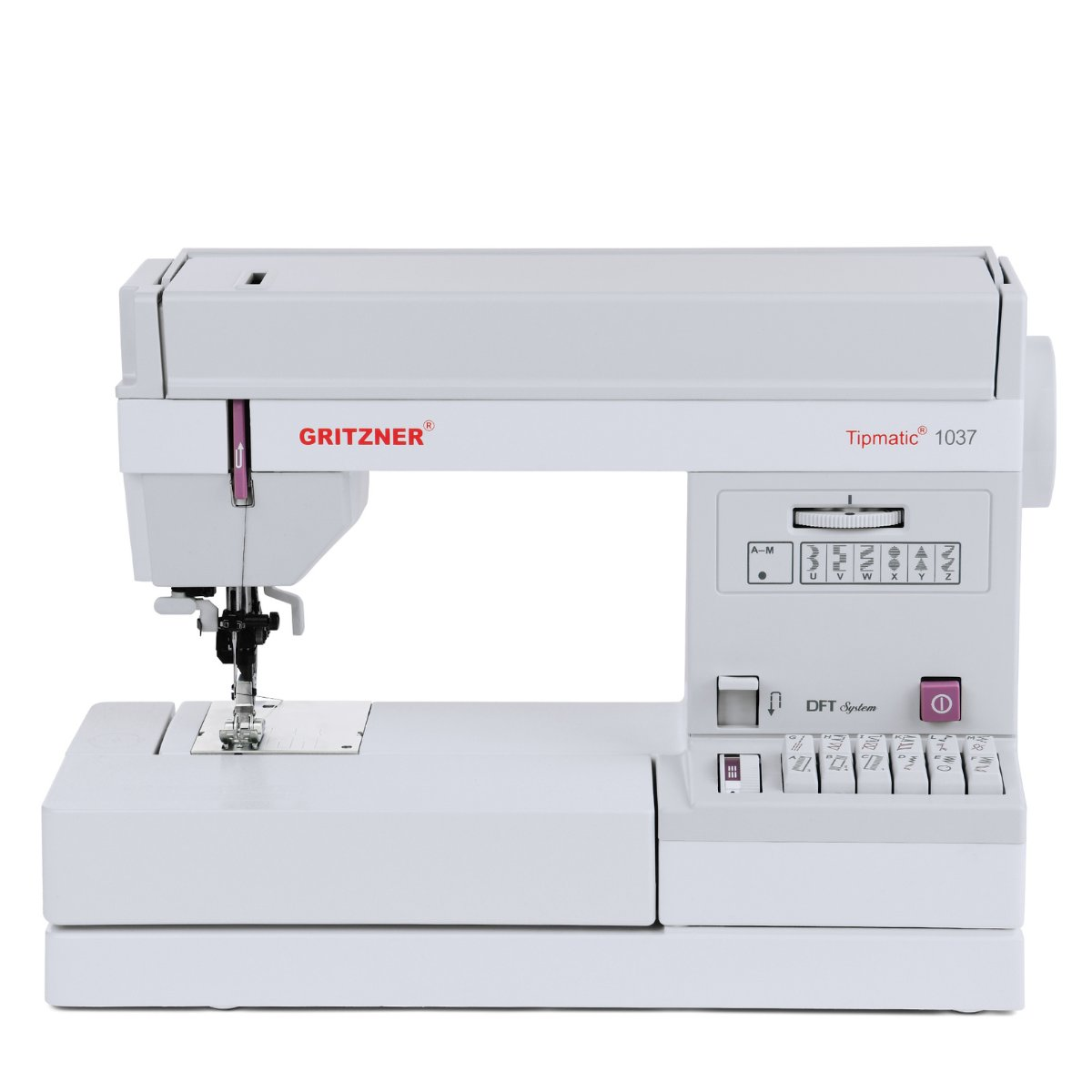 Eine weiße Nähmaschine mit dem Markennamen GRITZNER auf weißem Untergrund.