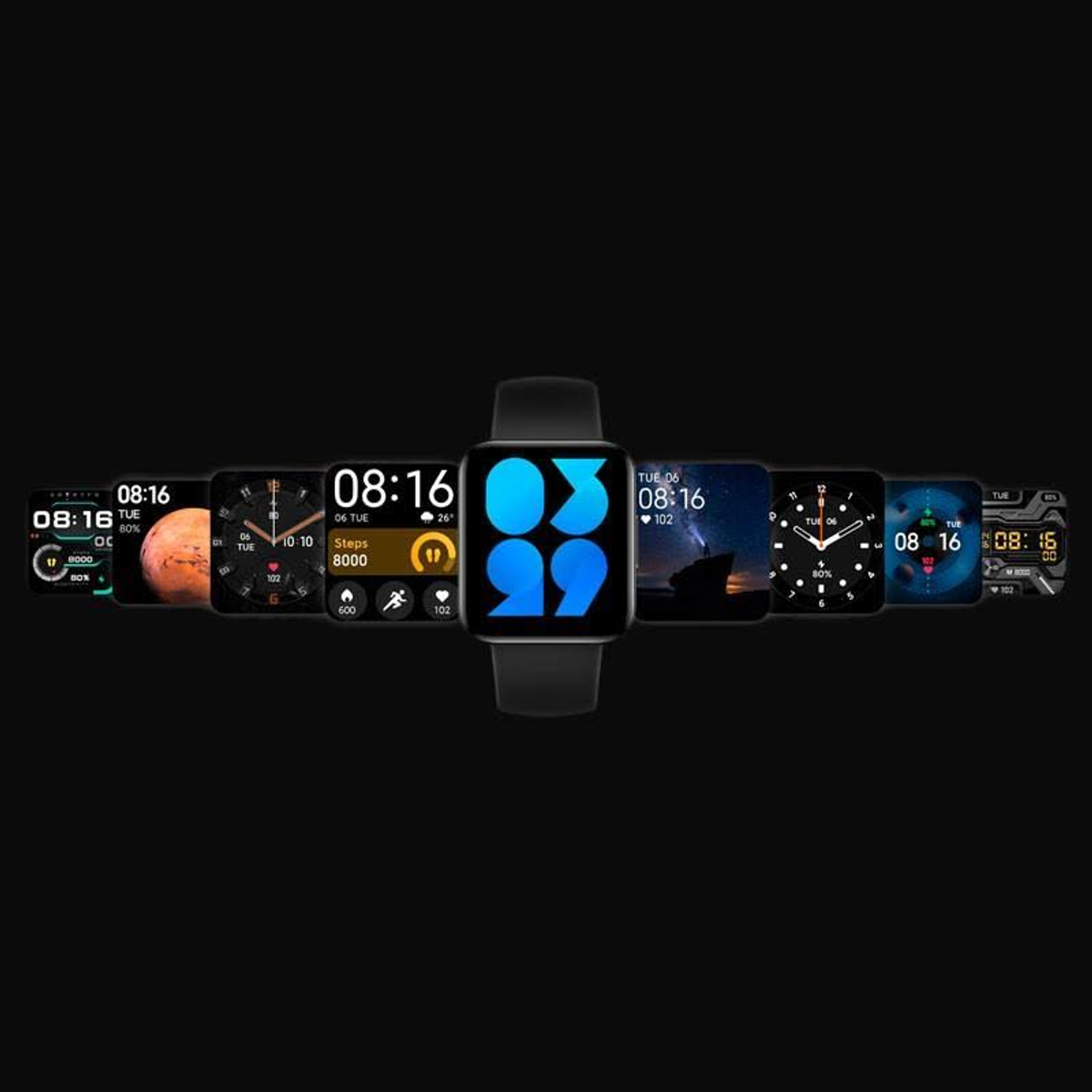 Smartwatch mit mehreren Zifferblättern. Zeigt Uhrzeit, Akku und andere Daten an.