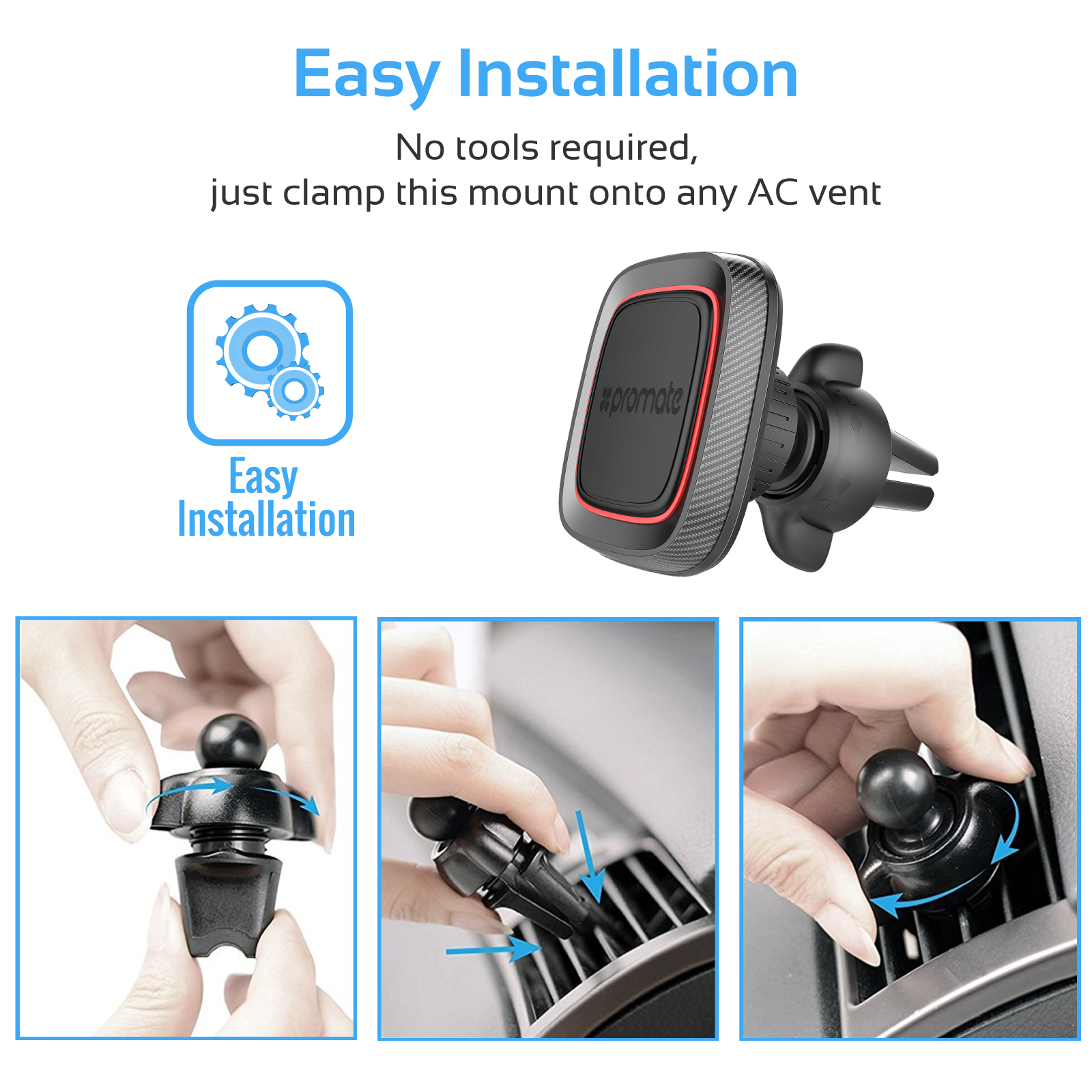 Toma del producto que muestra un soporte para teléfono de automóvil. Los pasos para instalar el soporte están abajo.