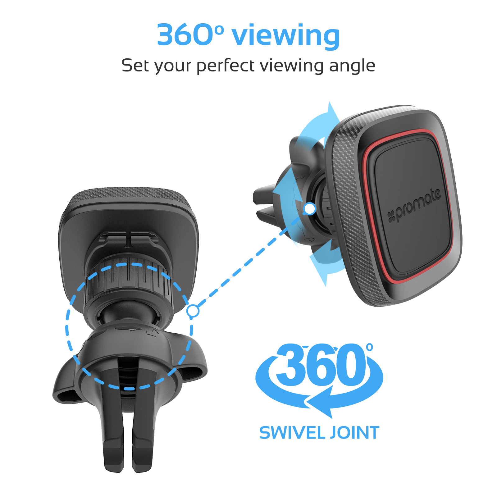 Soporte negro para teléfono de coche con junta giratoria. Flechas indican giro de 360 grados.