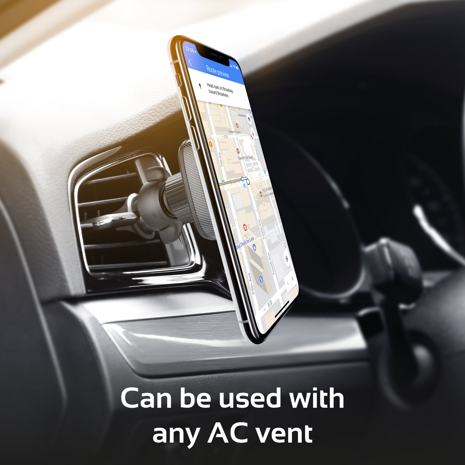 Teléfono en un soporte de ventilación de coche que muestra un mapa.
