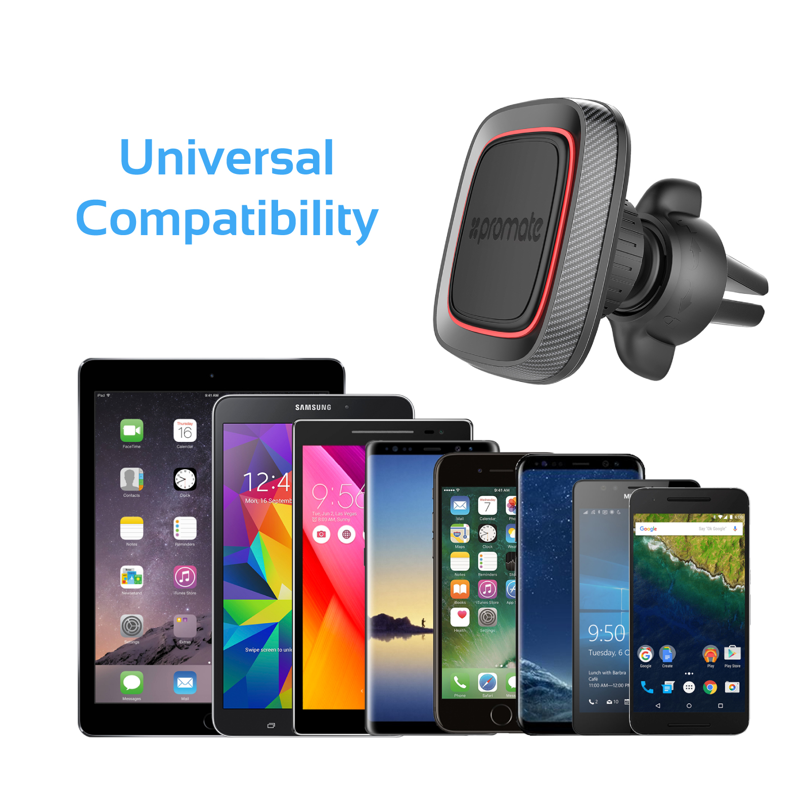 Soporte para teléfono de coche con varios teléfonos. Texto 'Universal Compatibility'.