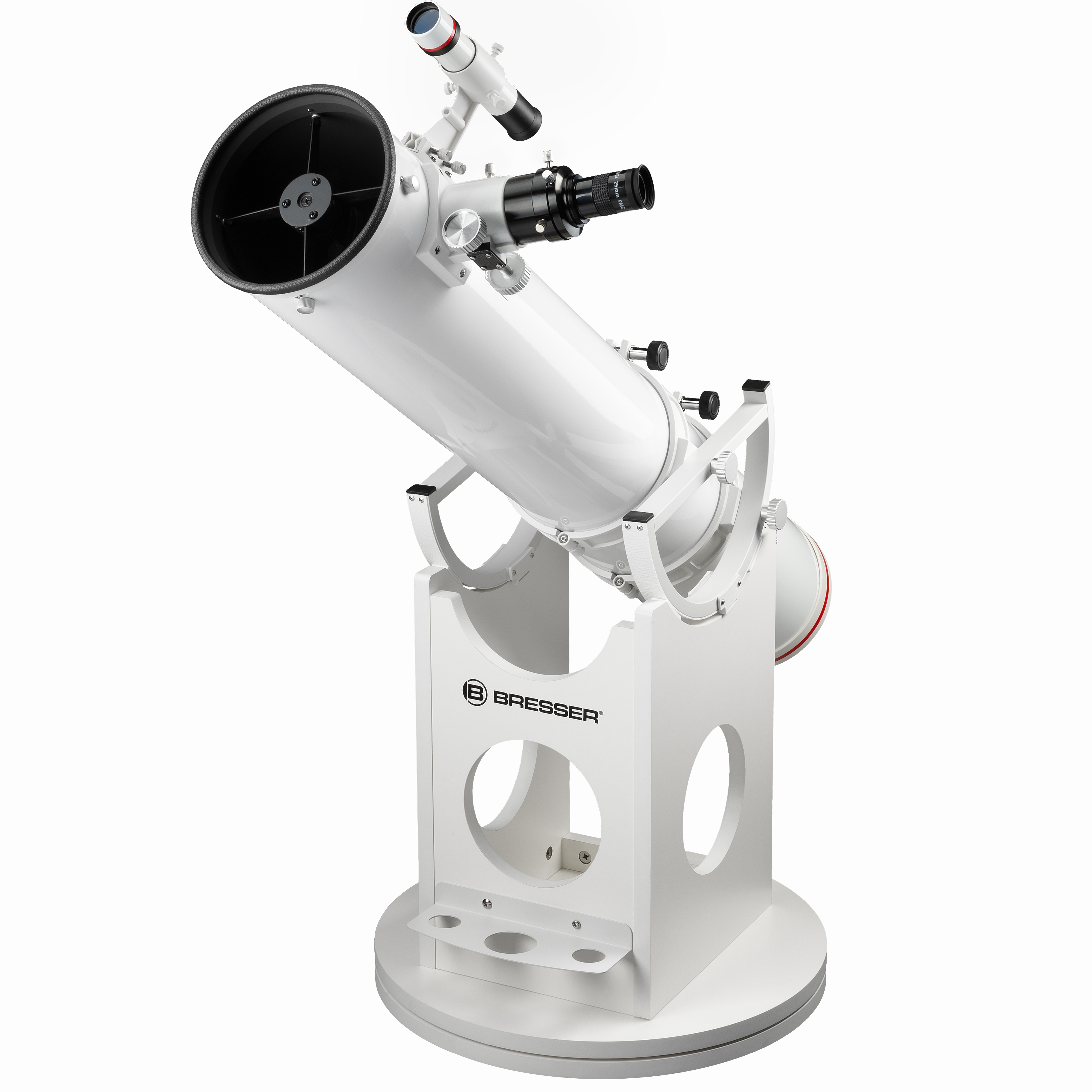 Telescopio blanco en un soporte blanco. Tiene lente negra y otras partes.