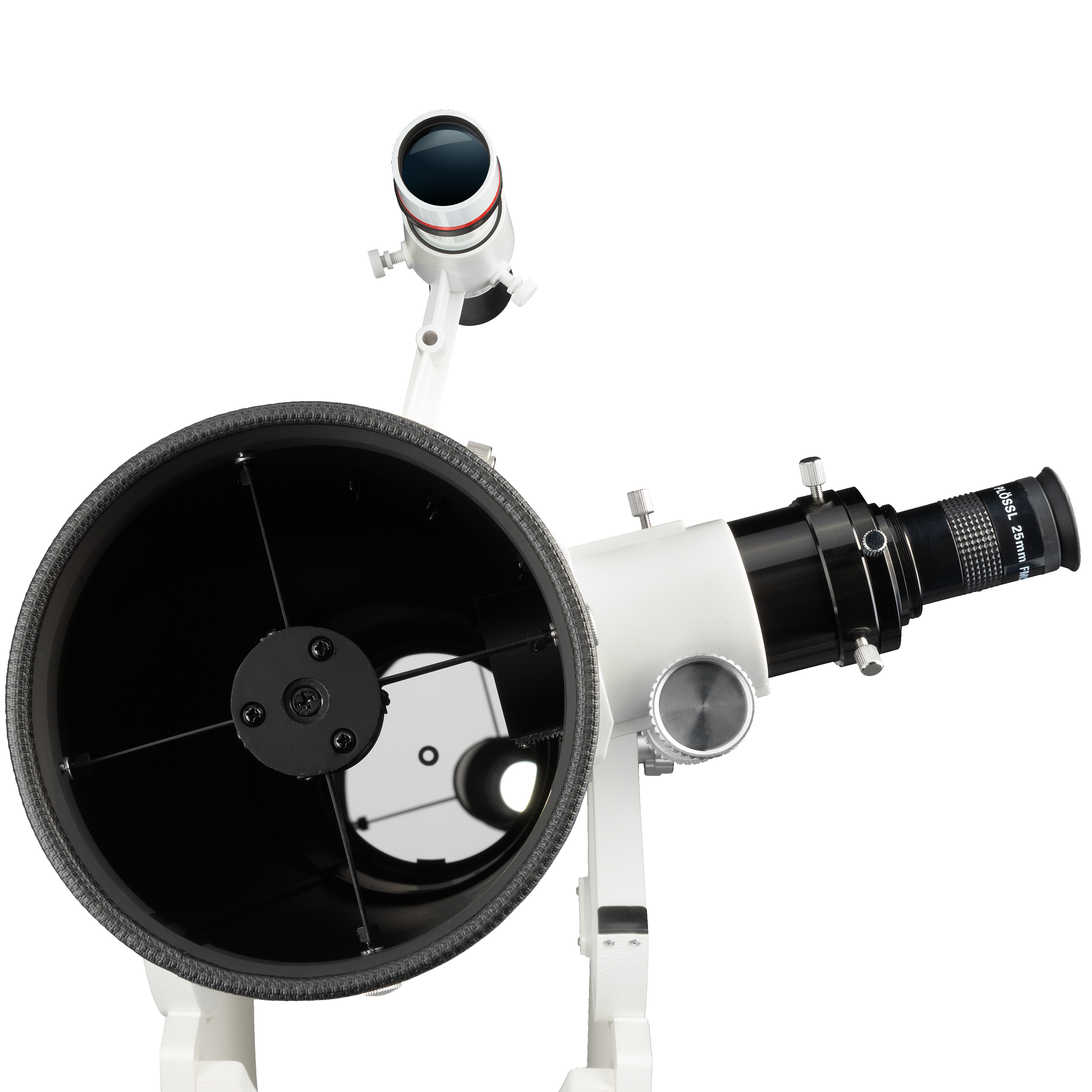 Un telescopio con cuerpo blanco y lentes negras, sobre un soporte blanco. Está inclinado hacia arriba.
