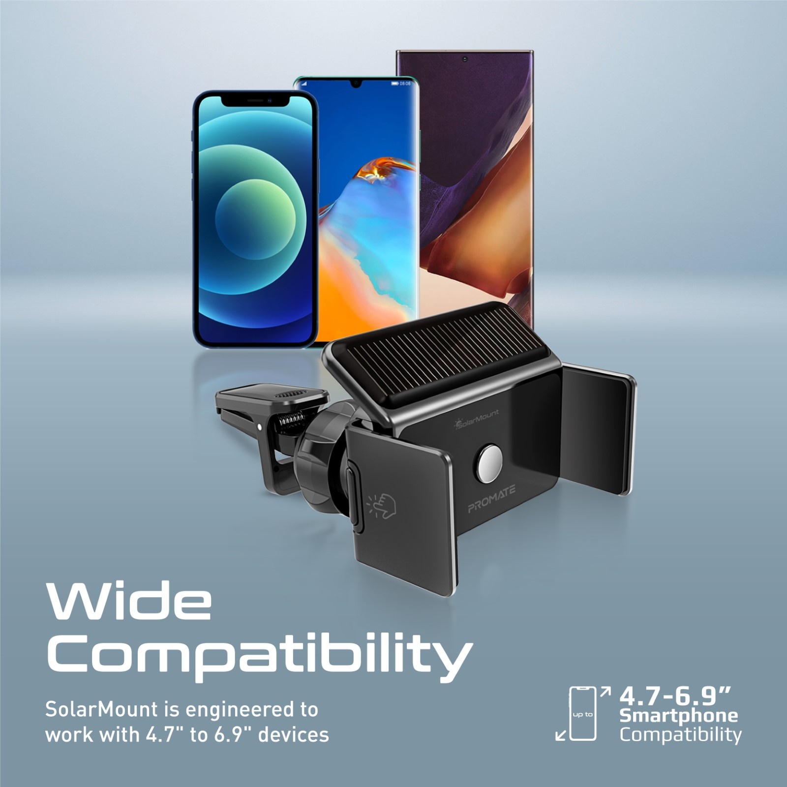 Un soporte para teléfono con tres teléfonos, negro y gris, con texto 'Wide Compatibility'.