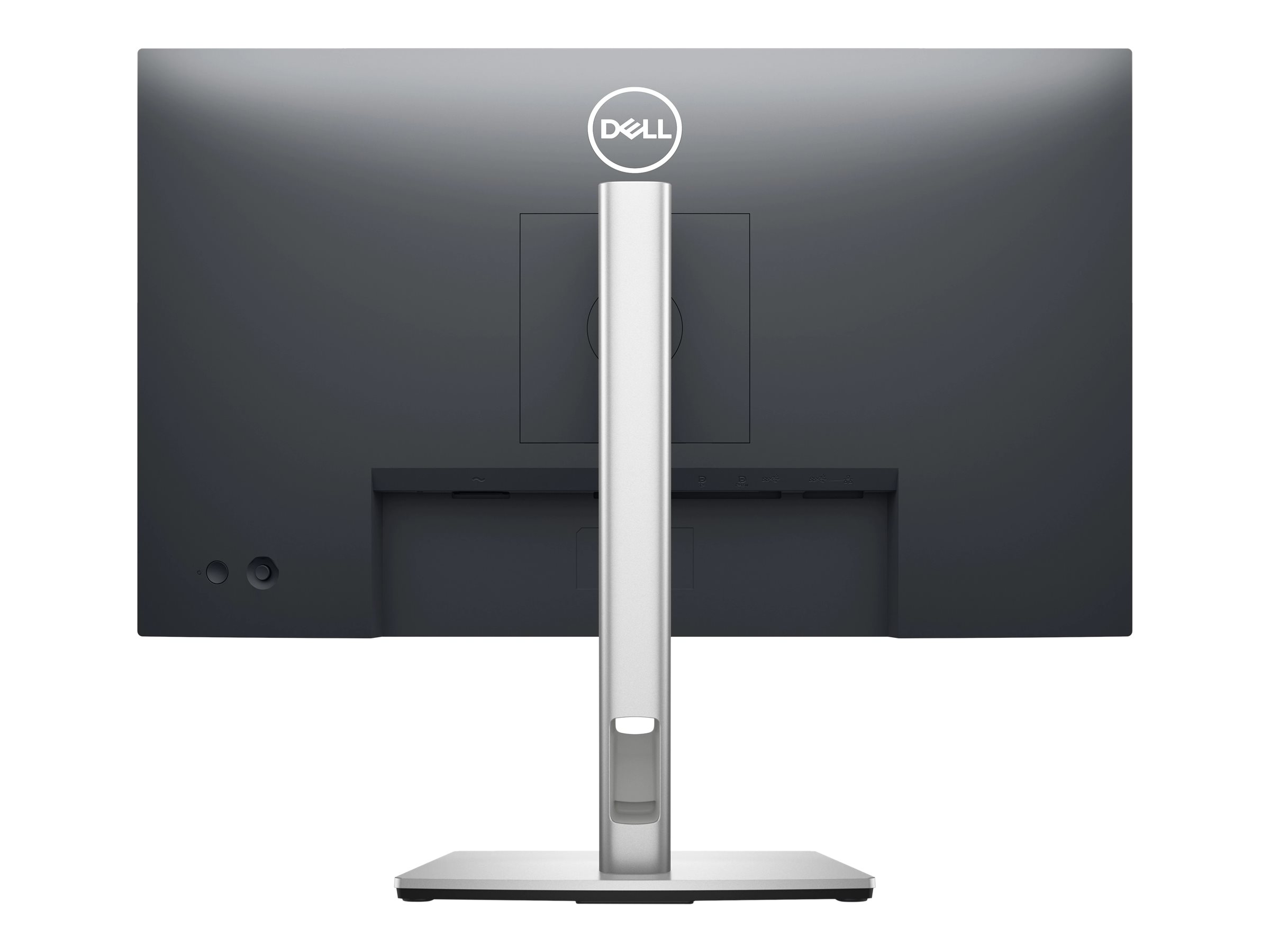 The back of a Dell monitor, silver stand. The screen is dark, with the Dell logo at the top.
