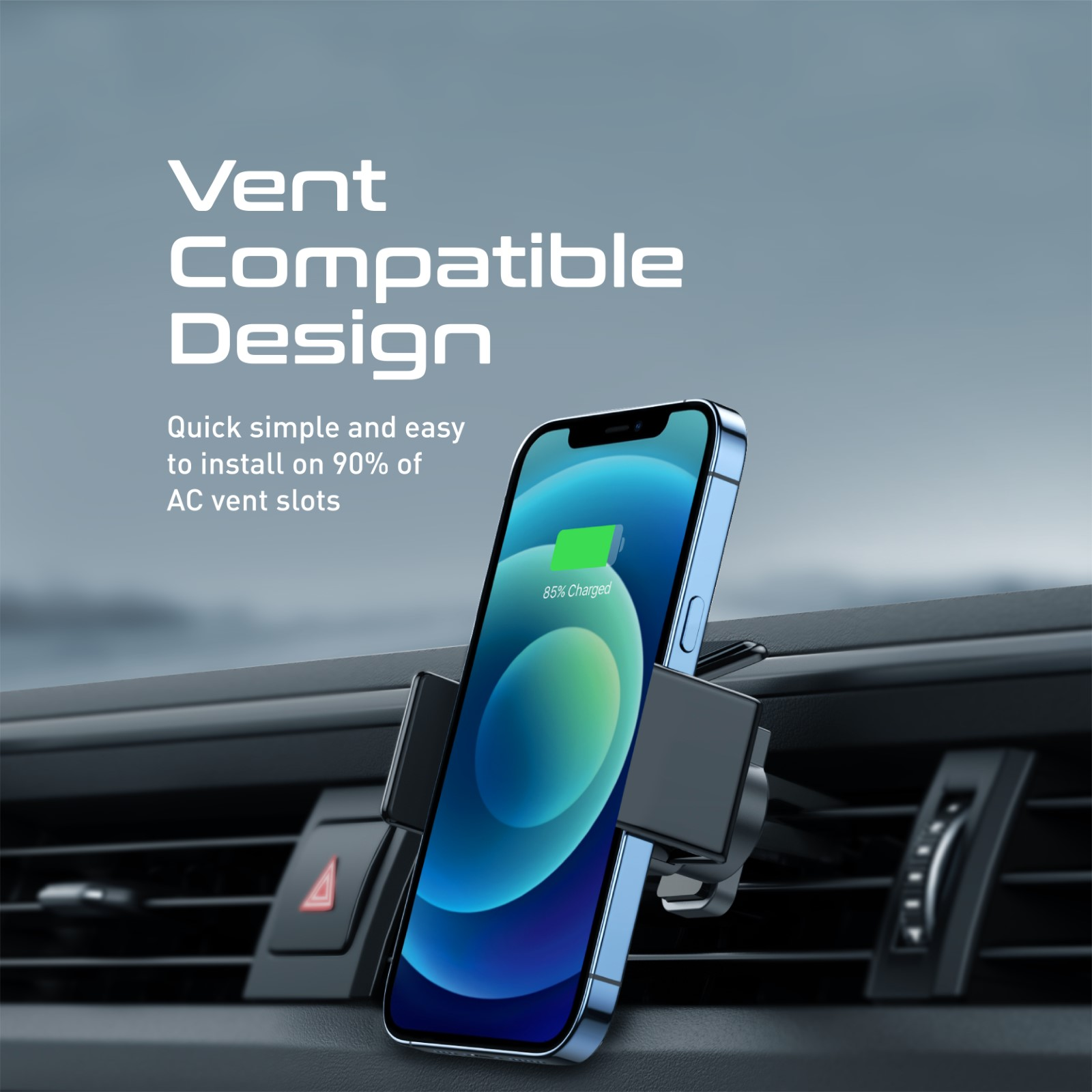 Teléfono en soporte de ventilación de coche. Teléfono azul con 85% de carga. El soporte es negro.