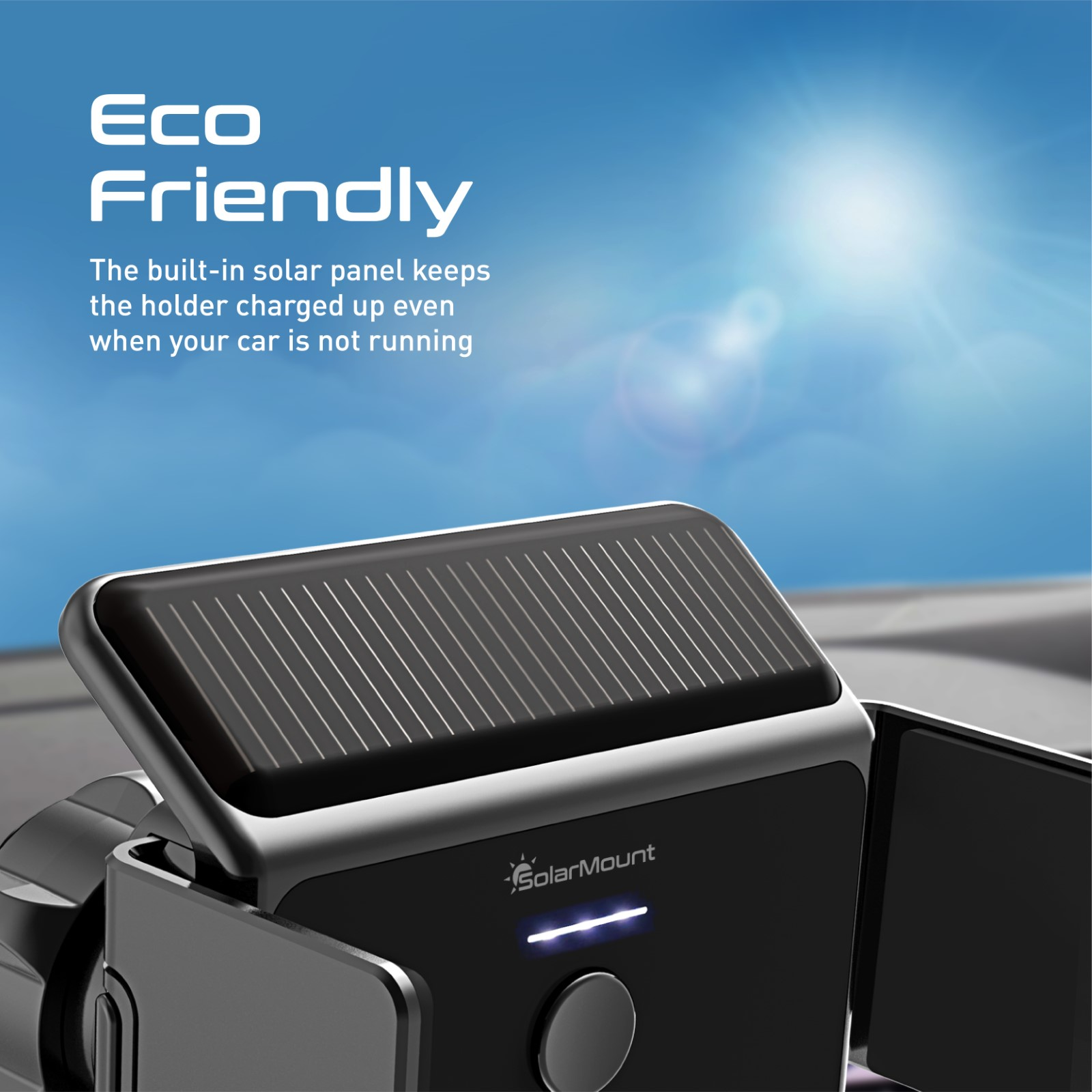 Soporte para teléfono de coche con energía solar. Diseño negro y plateado con panel solar arriba. Cielo azul.
