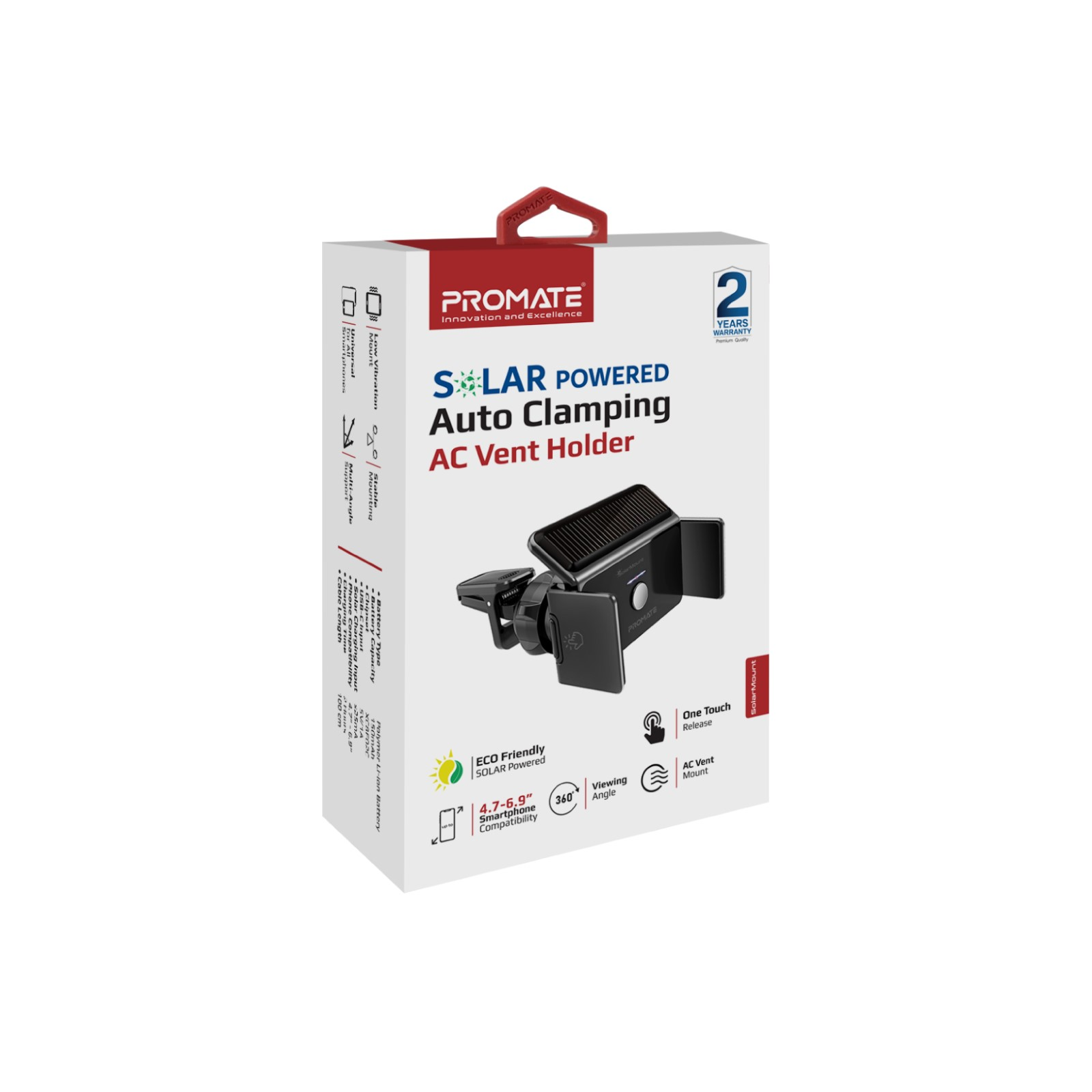 Soporte para teléfono de coche en caja, fondo blanco. Texto: SOLAR POWERED Auto Clamping AC Vent Holder.