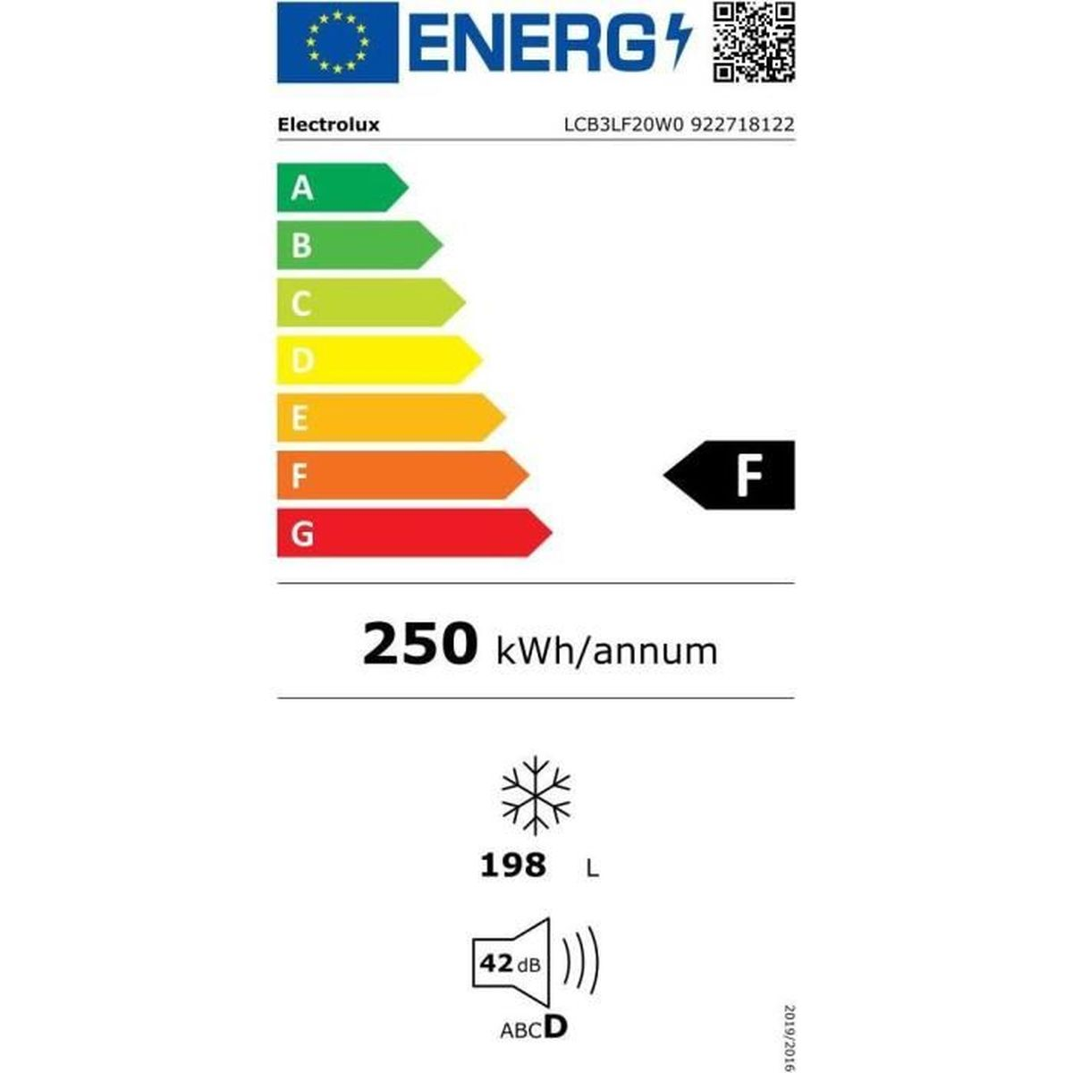 L'etichetta energetica mostra una classificazione F per un frigorifero, con un consumo di 250 kWh/anno. Il marchio Electrolux e un simbolo di fiocco di neve.