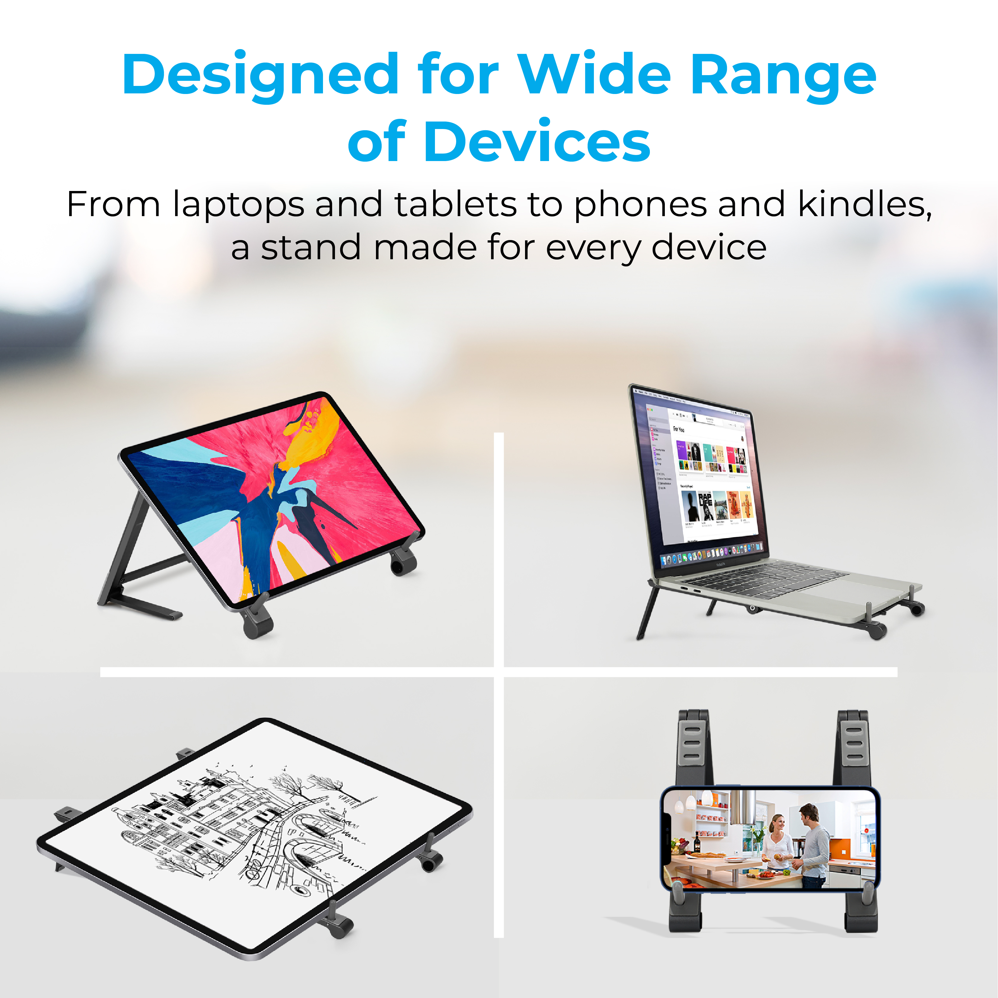Portátiles y tabletas en soportes para diferentes dispositivos.