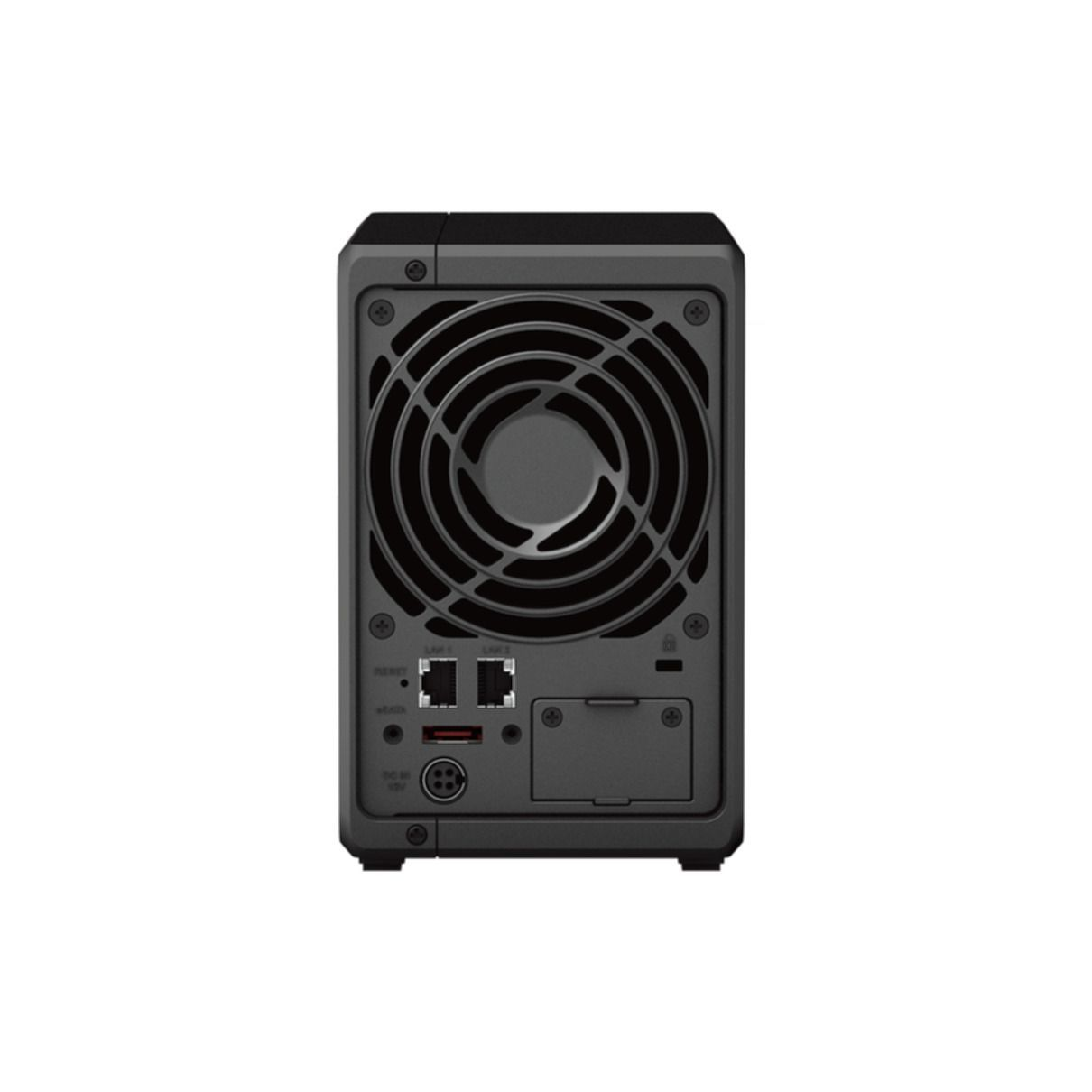 Retro del server NAS nero. Include una ventola, porte e un ingresso di alimentazione.