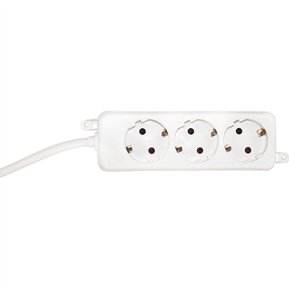 Een witte stekkerdoos met drie stopcontacten. Een witte kabel loopt naar links.
