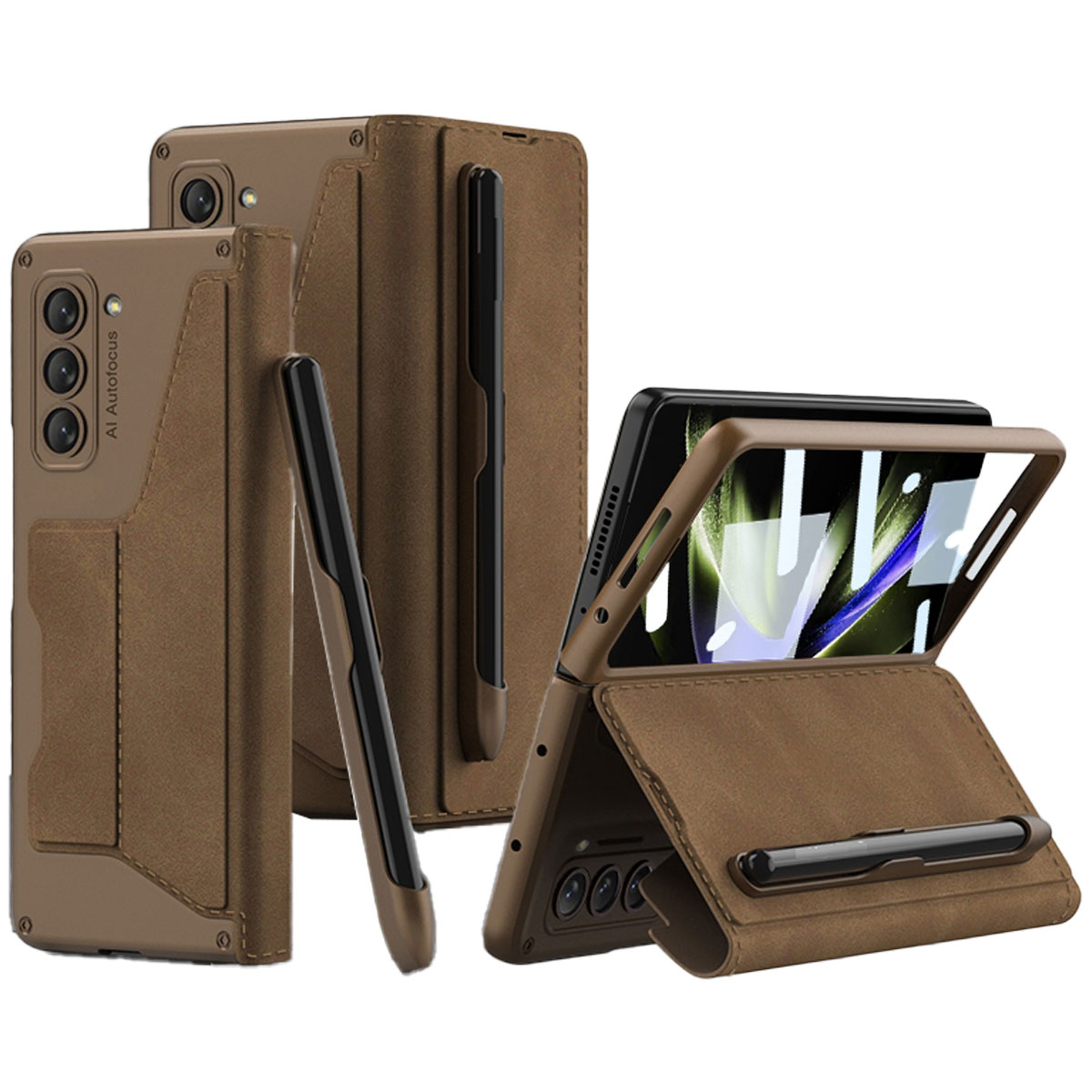 WIGENTO Design Kunstleder Hülle mit Fold5 Samsung, 5G, Z Brau Backcover, Galaxy Stifthalterung