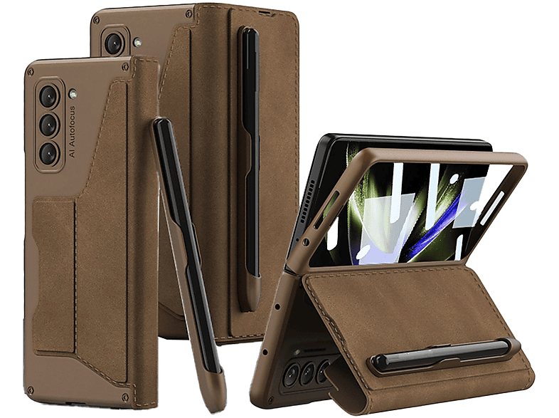 WIGENTO Design Kunstleder Hülle mit Galaxy Brau Fold5 Samsung, Z 5G, Backcover, Stifthalterung