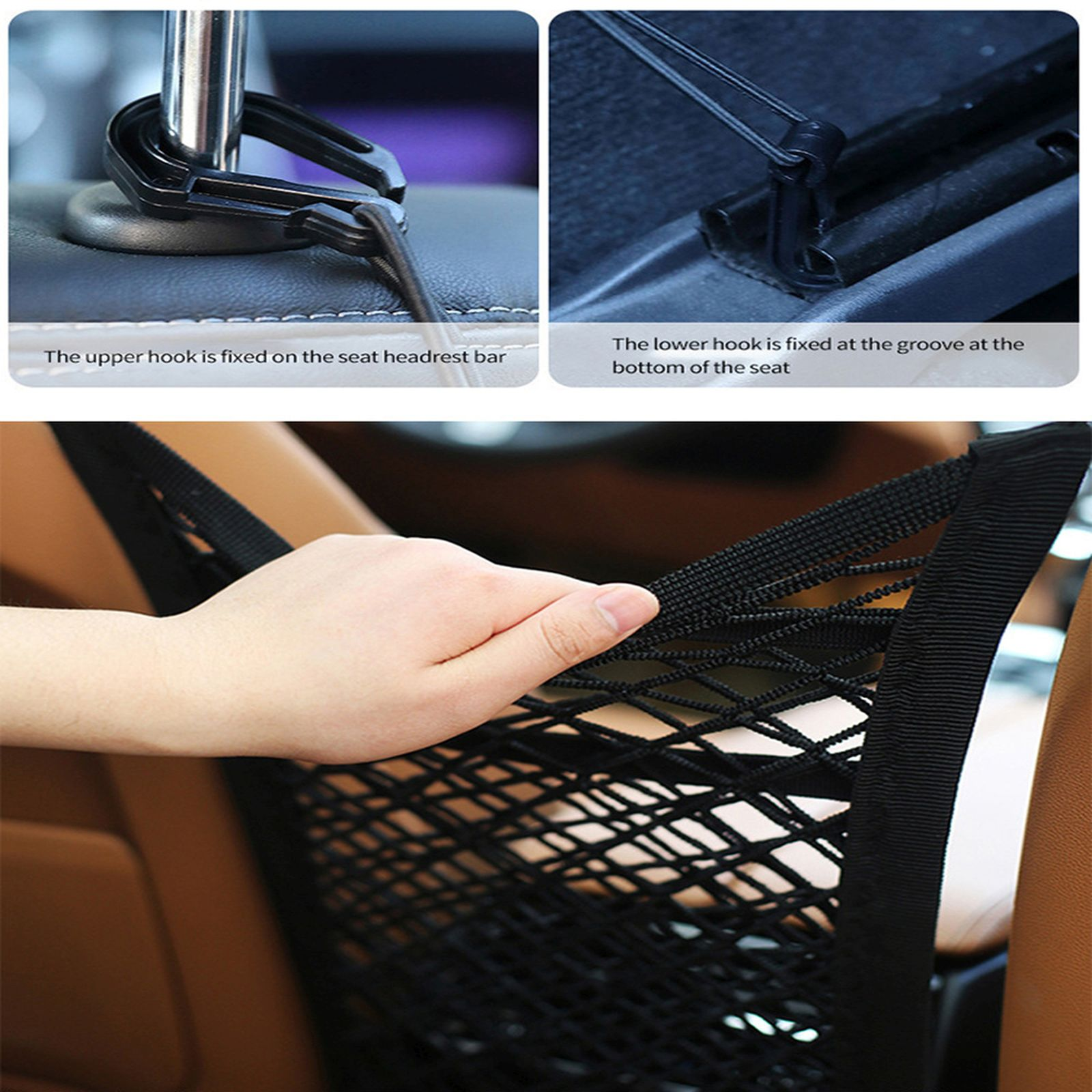 Auto-Sitz-Organizer mit Haken, die an Kopfstütze und Sitz befestigt sind, eine Hand greift in die Netztasche.