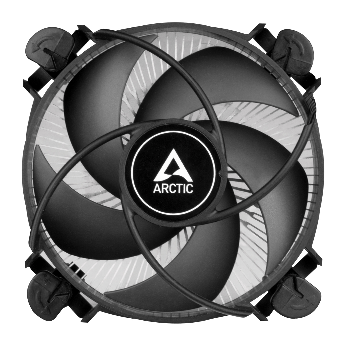 Bovenaanzicht van een zwarte computerventilator met meerdere bladen en een centraal Arctic-logo.