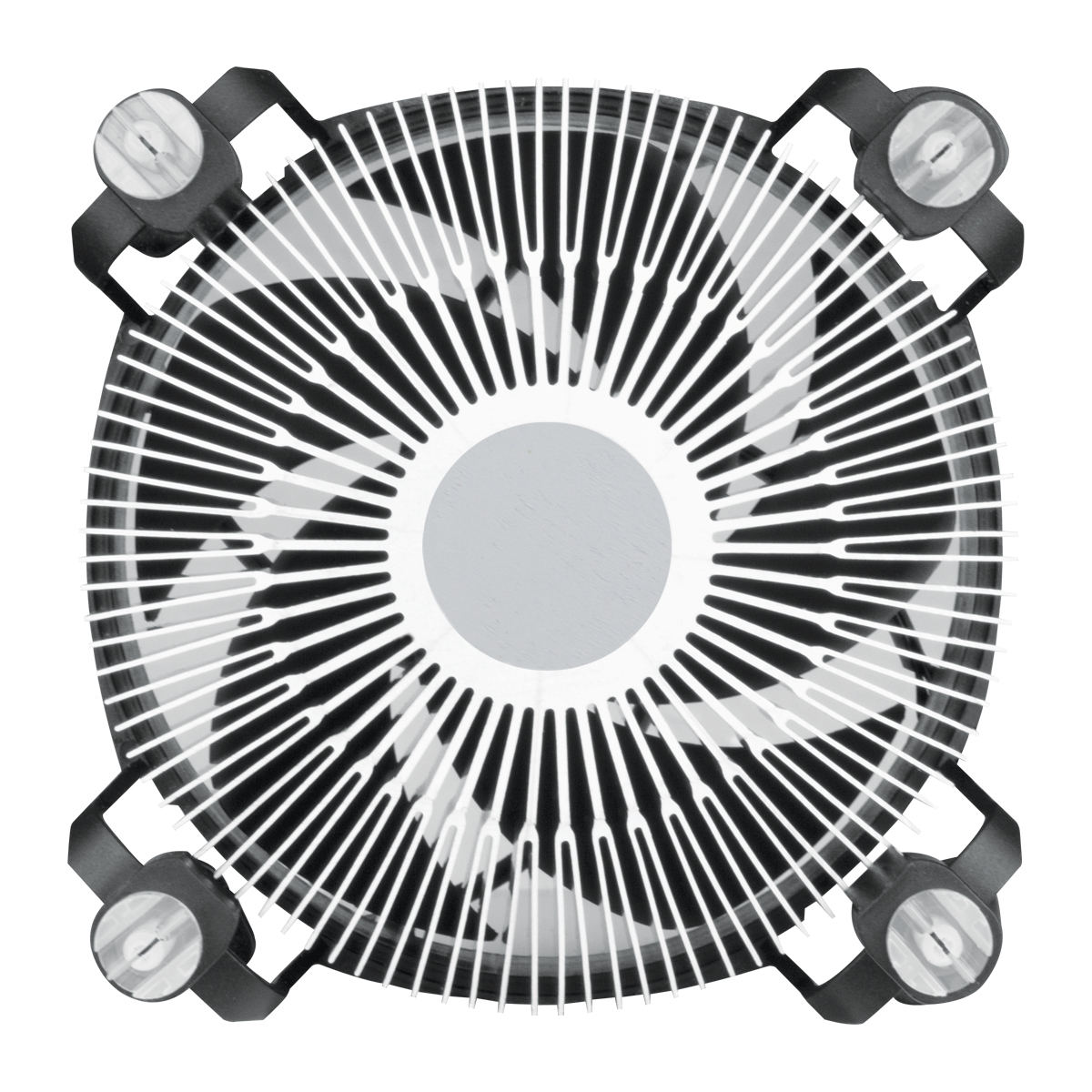 Close-up van een CPU-koelventilator met zwarte beugels en zilveren vinnen op een witte achtergrond.