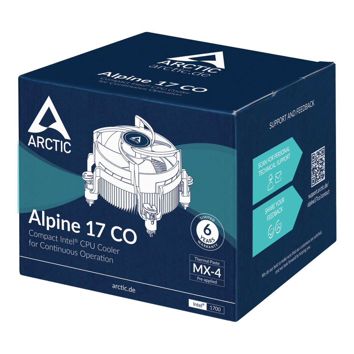 Doos met een CPU-koeler, zilver en zwart met een ventilator, voor continu gebruik.