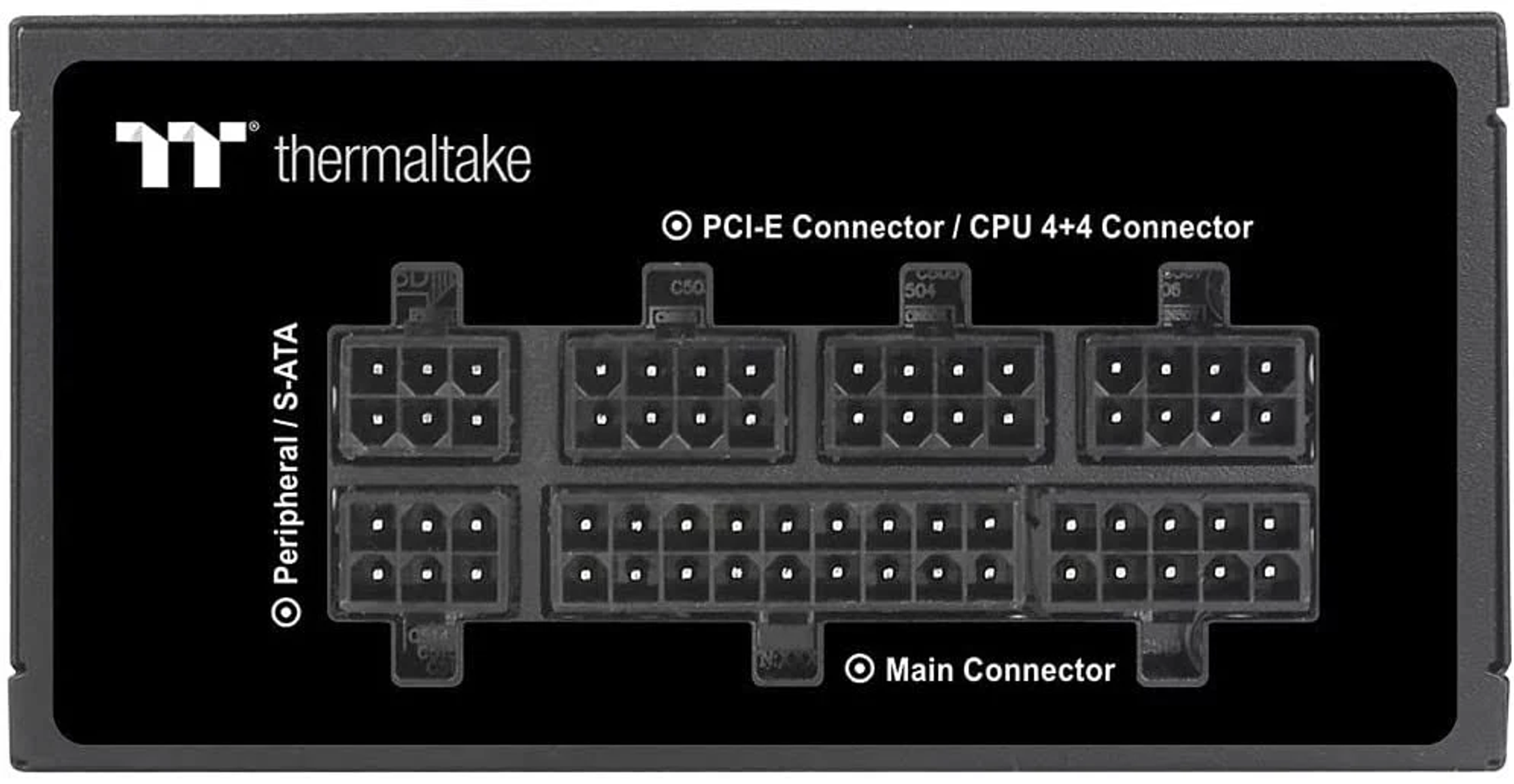 Una fuente de alimentación negra. Los conectores son visibles. El texto superior dice Thermaltake. Fondo blanco.