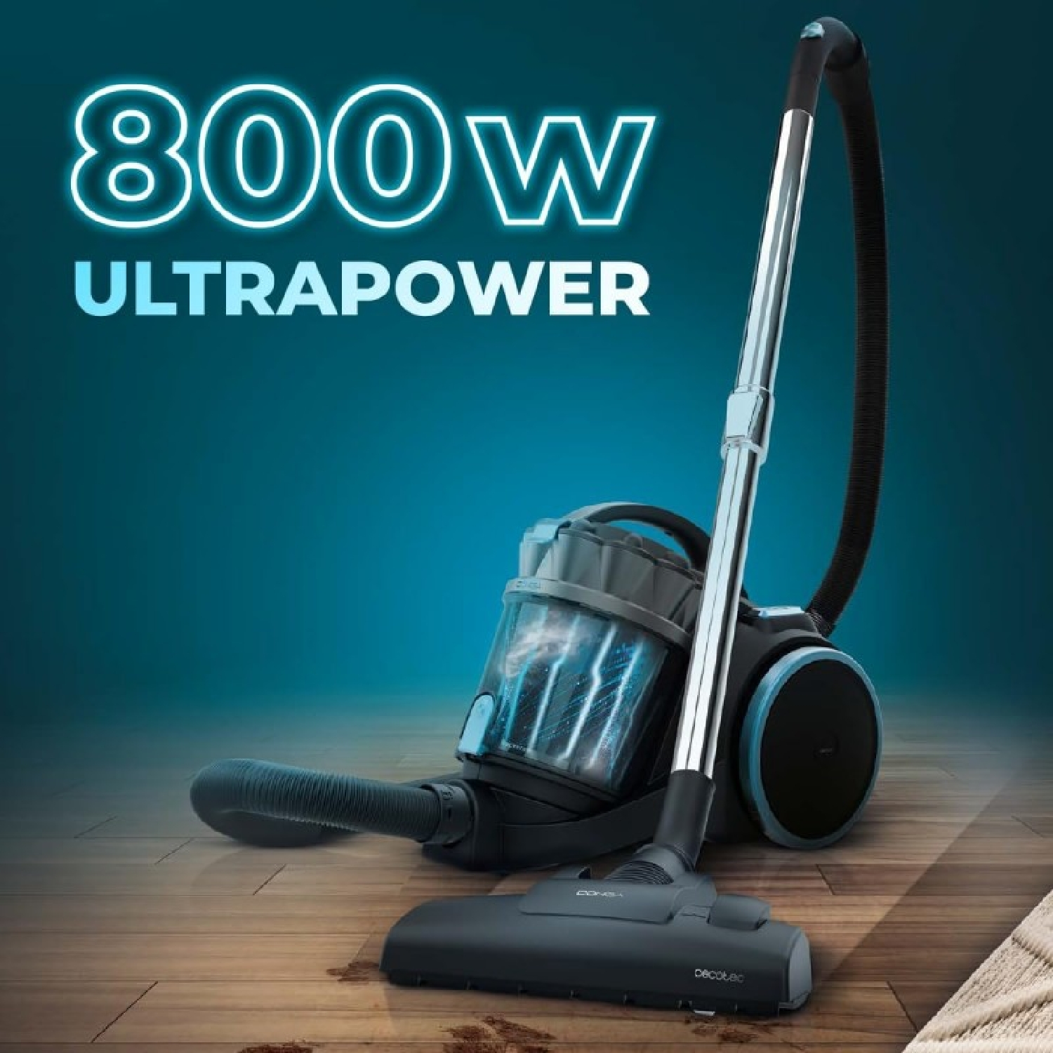 Stofzuiger met 800W Ultrapower label op houten vloer.