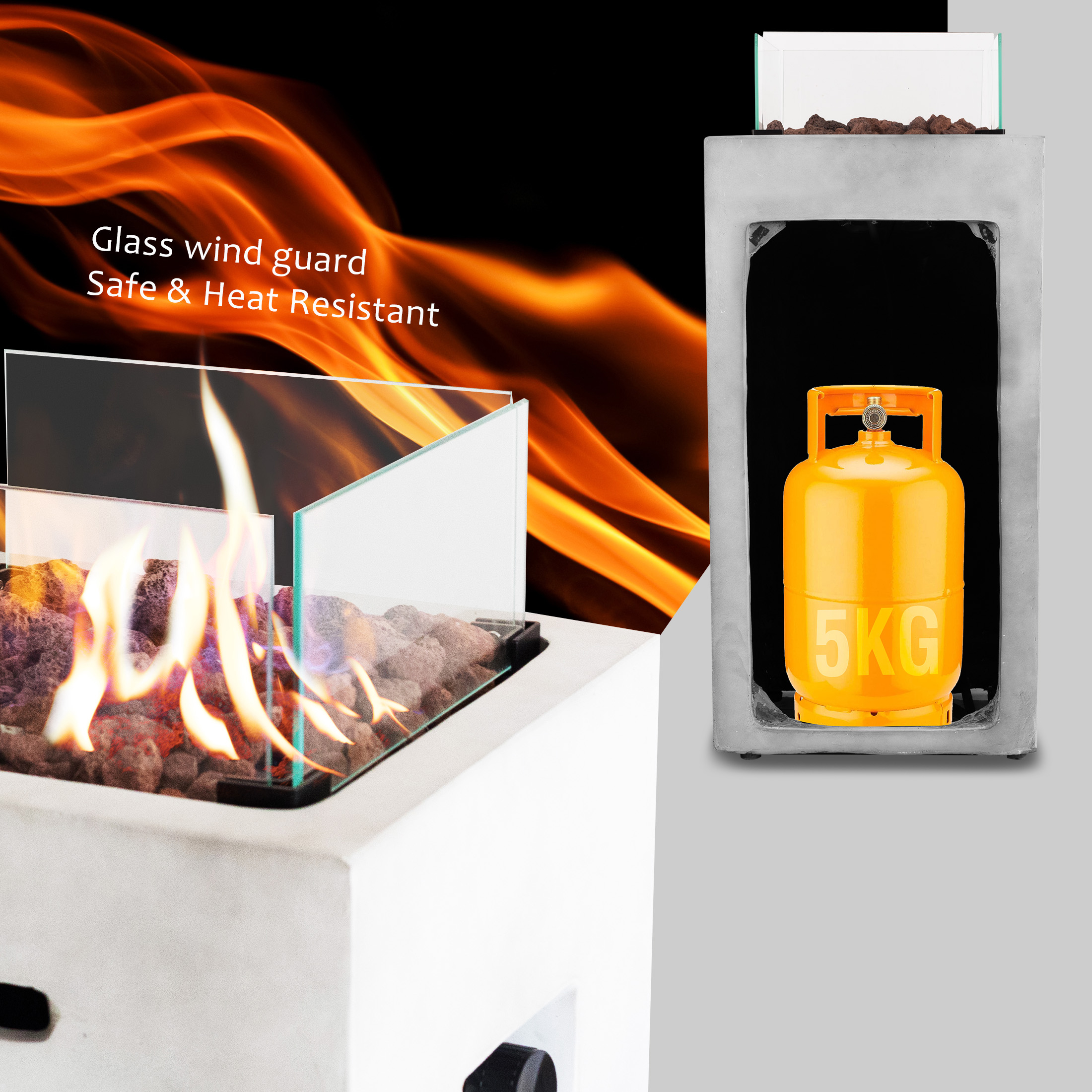 ZOOMYO Feuertisch mit Gasbetrieb, quadratisch,mit & Lavastein-Deko Weiß Feuertisch Regenschutz