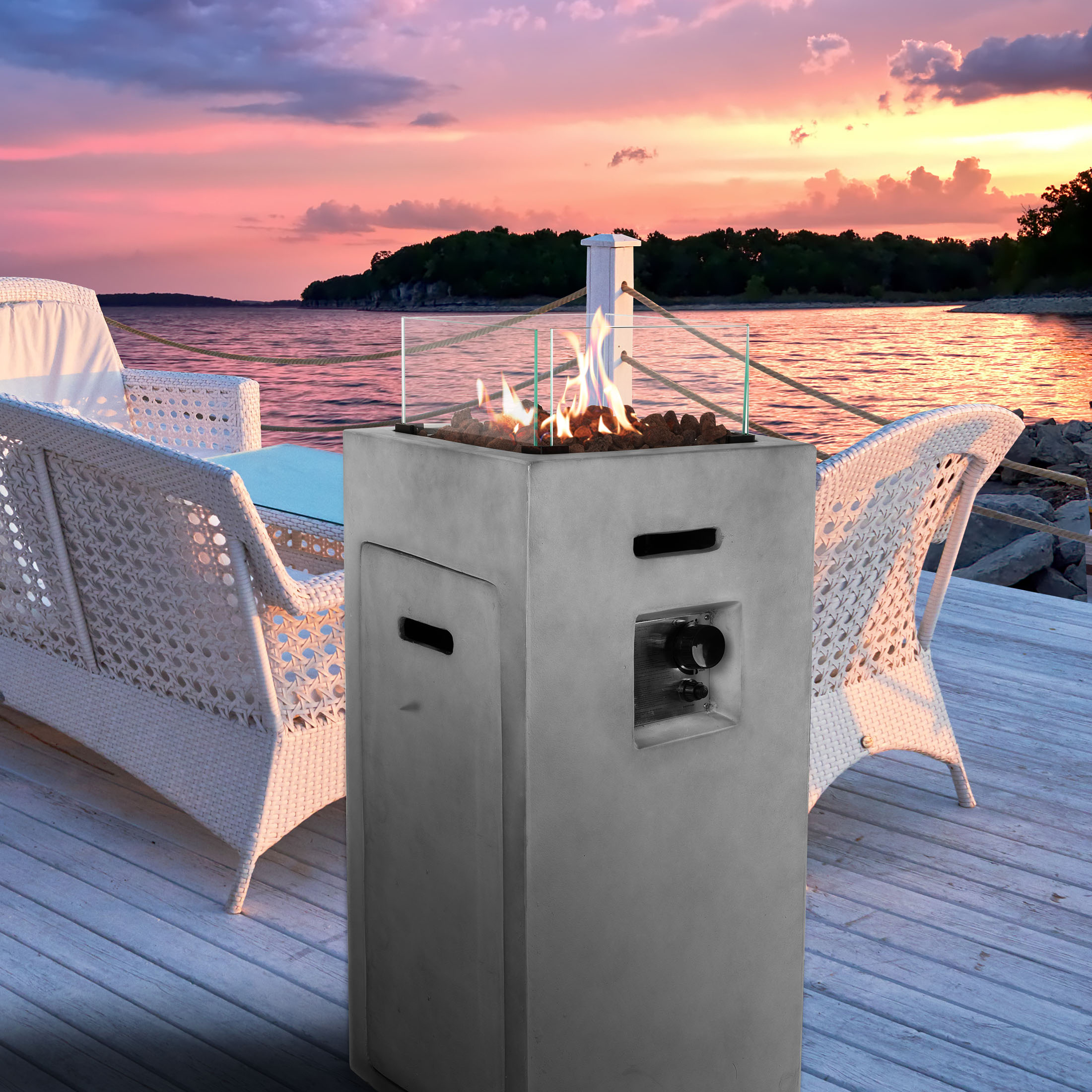 ZOOMYO Feuertisch mit Gasbetrieb, quadratisch,mit & Lavastein-Deko Regenschutz Feuertisch Weiß