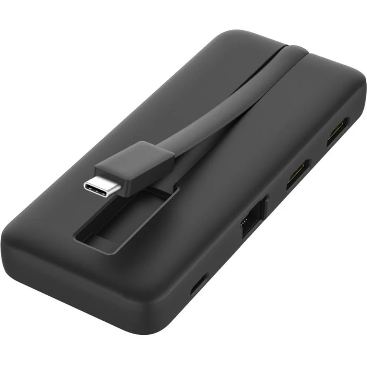 Hub USB-C nero con più porte. Cavo collegato. Le porte includono HDMI, USB ed Ethernet.