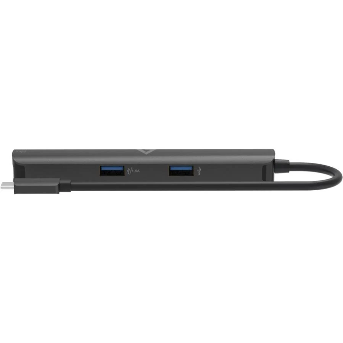 Un hub USB nero con due porte USB e un connettore USB-C, su sfondo bianco.