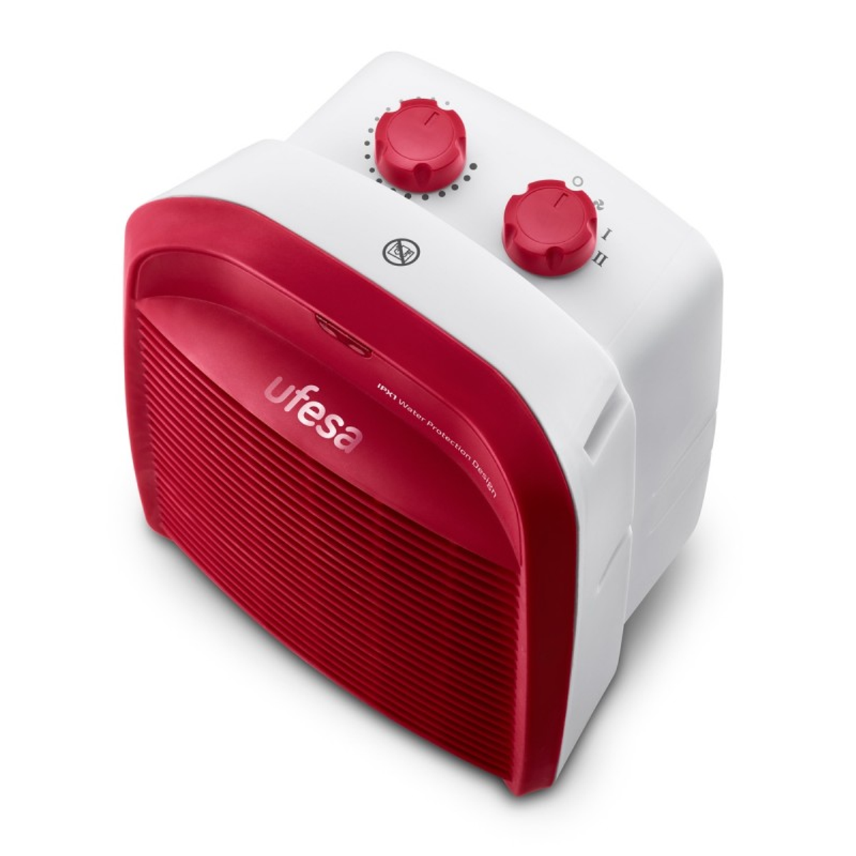 Biało-czerwony grzejnik Ufesa. Dwa czerwone pokrętła na górze.
