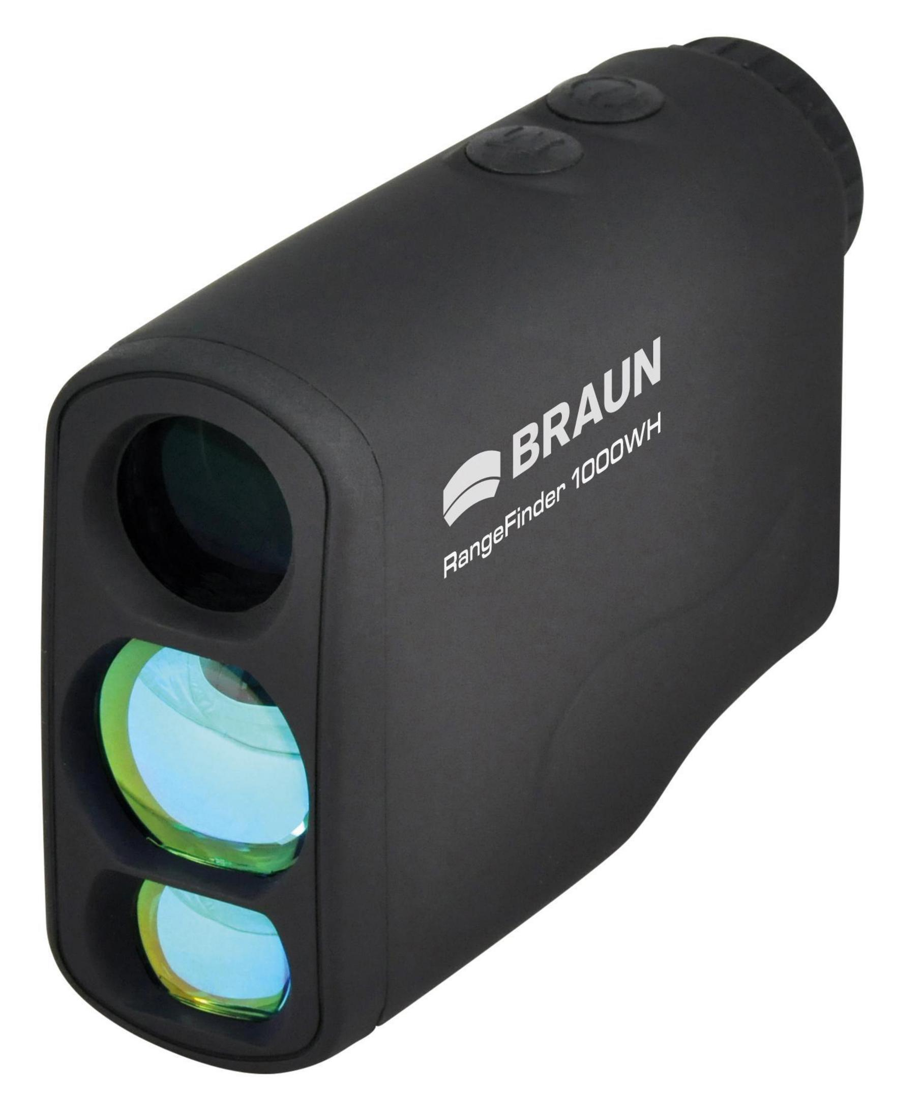 Schwarzer Braun Entfernungsmesser. Er hat zwei Linsen und zwei Knöpfe oben, mit Braun RangeFinder 1000WH darauf.