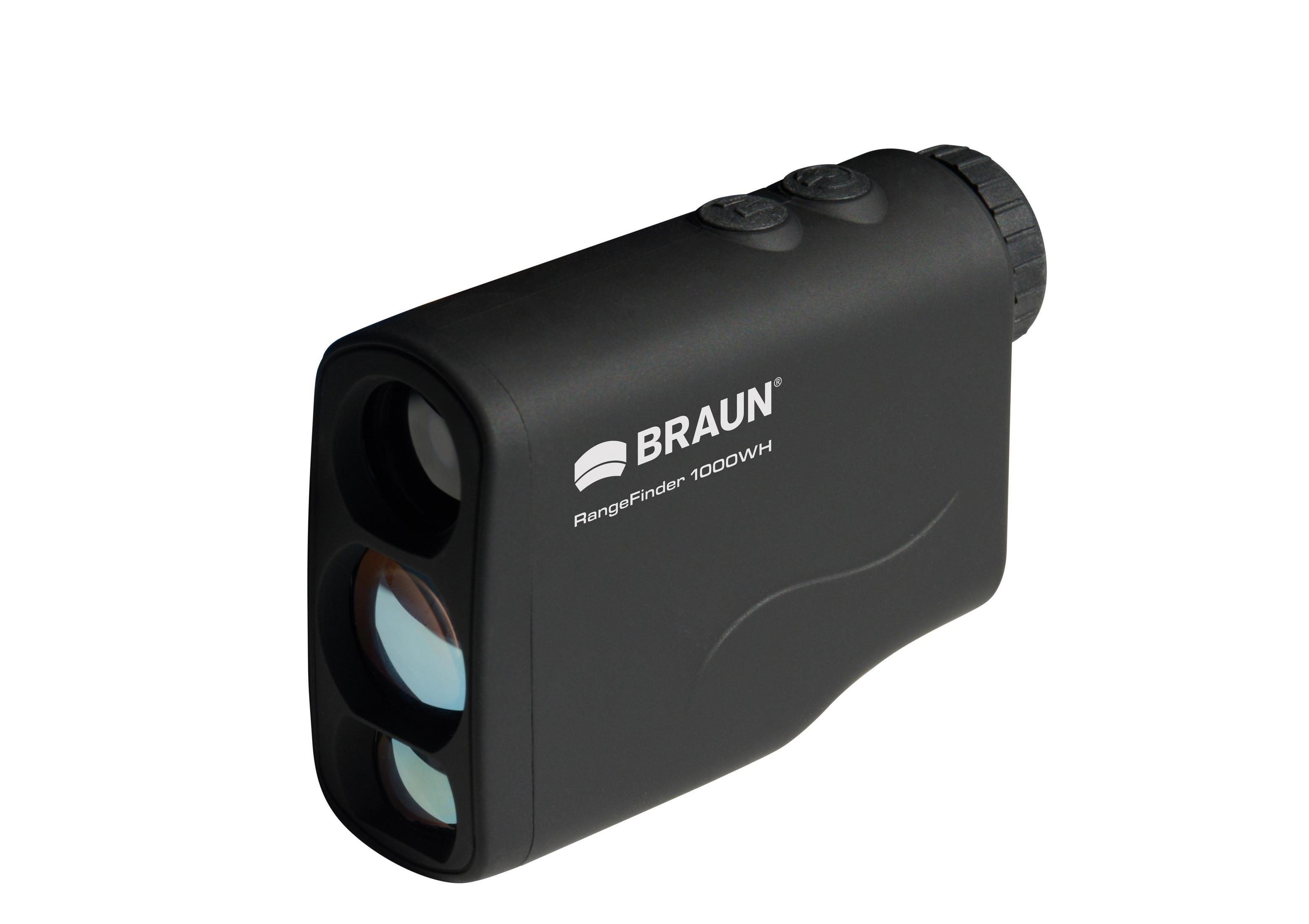 Schwarzer Braun RangeFinder 1000WH, ein kompaktes schwarzes Gerät mit Linsen.