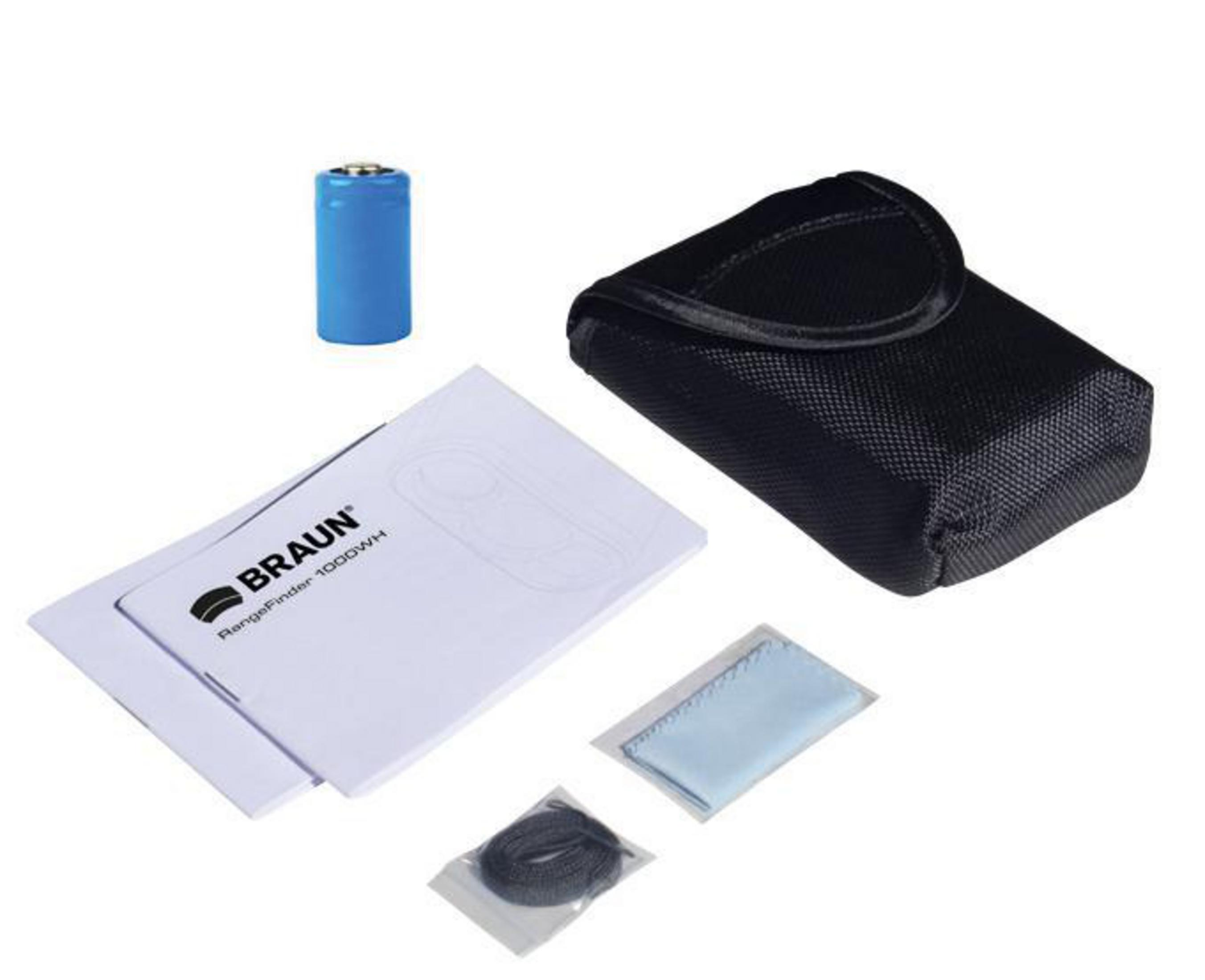 Eine blaue Batterie, ein schwarzes Etui, eine Anleitung und ein Reinigungstuch.