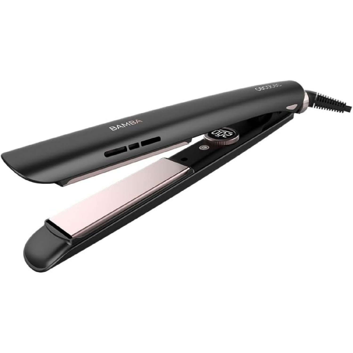 Piastra per capelli nera con piastre oro rosa, aperta e pronta all'uso, su bianco.
