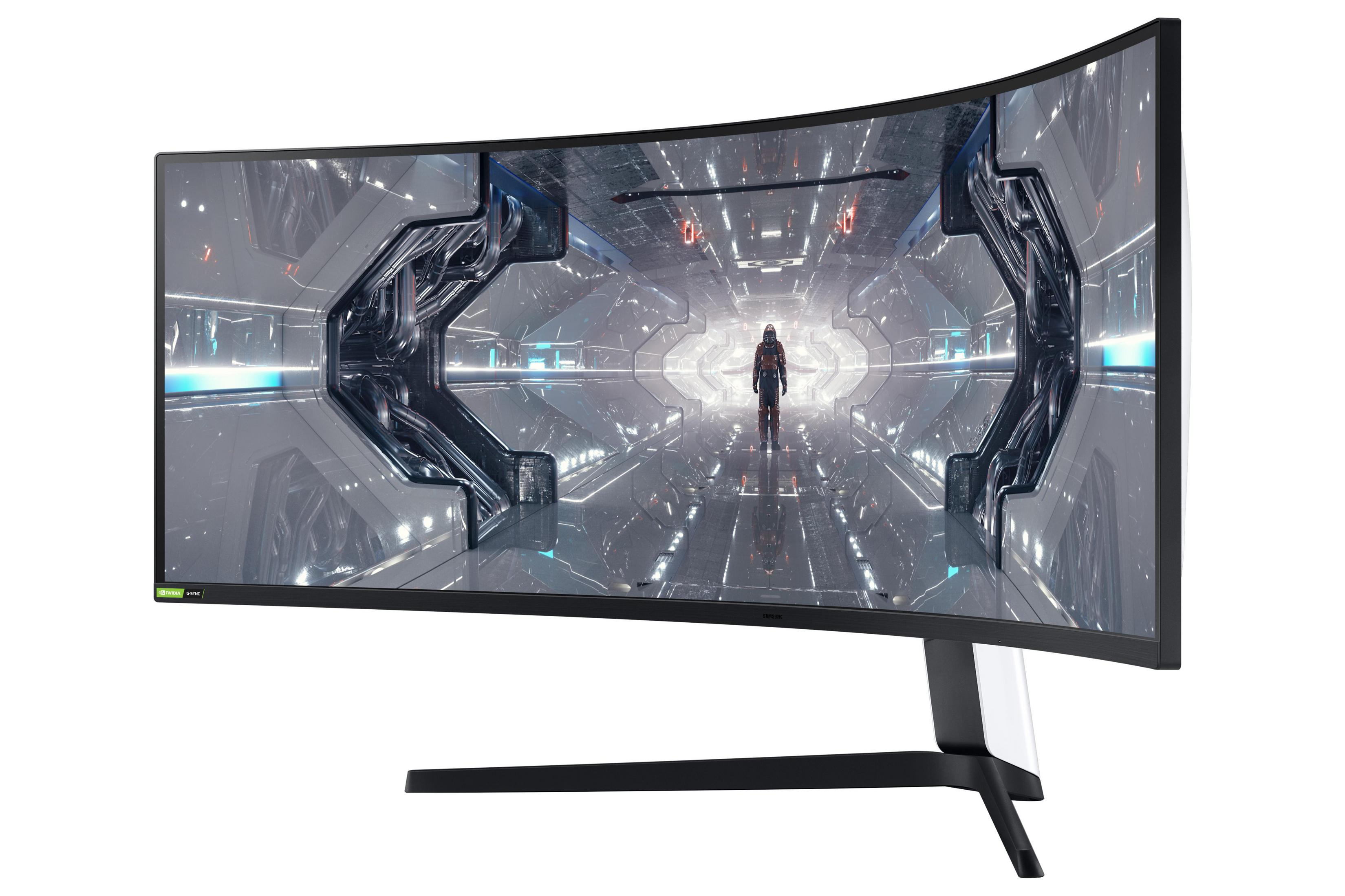 Gebogener Monitor mit einer Science-Fiction-Szene, weißer Hintergrund.