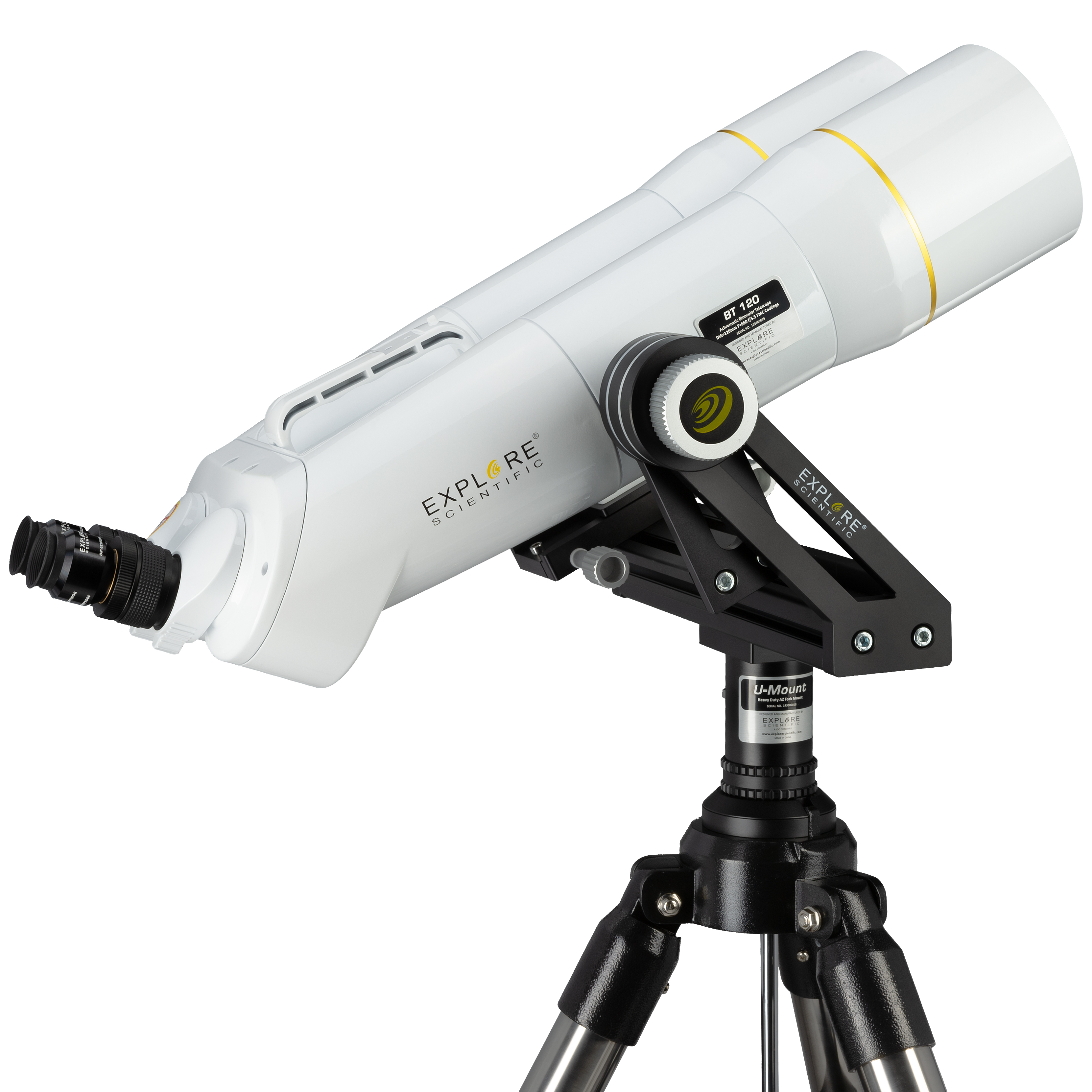 Un telescopio Explore Scientific blanco sobre un trípode negro. Está inclinado hacia arriba.