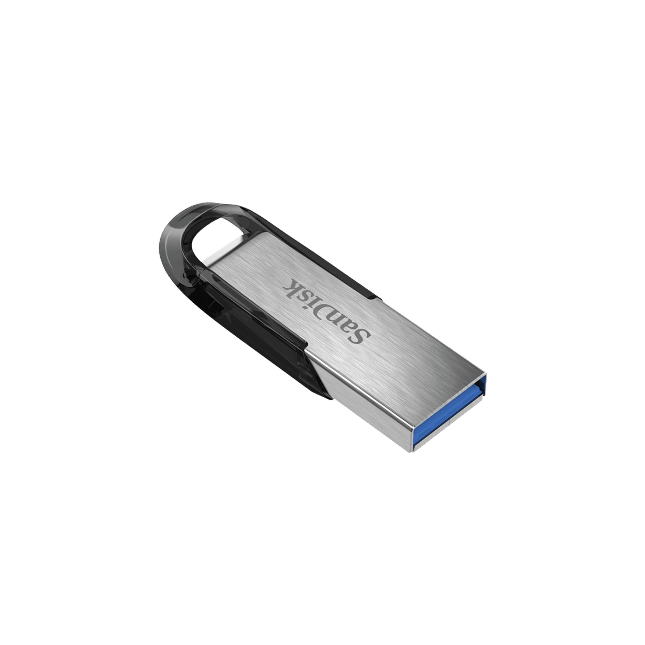 Srebrny pendrive SanDisk z niebieskim złączem USB na białym tle.