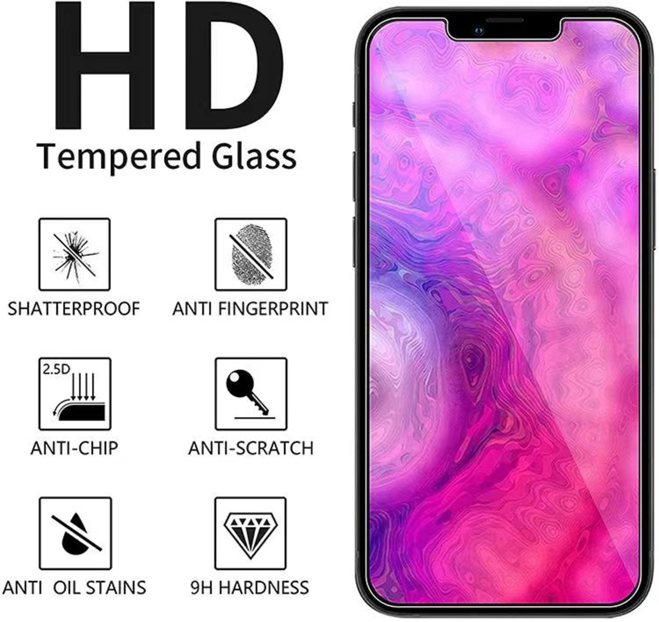 Schutzfolie aus gehärtetem Glas mit 'HD'-Text, Symbolen für Funktionen und einem Telefonbildschirm mit rosa und lila Mustern.