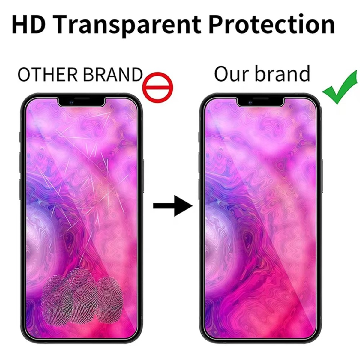 Bildvergleich von Telefonbildschirmen. Einer hat Kratzer und Fingerabdrücke, markiert 'Andere Marke'. Der andere ist sauber, markiert 'Unsere Marke'.