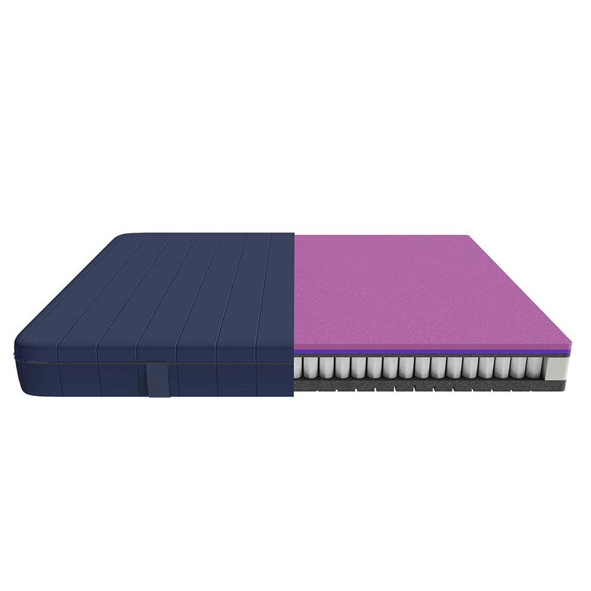 Un colchón con un lado azul y otro rosa, mostrando las capas internas del colchón.